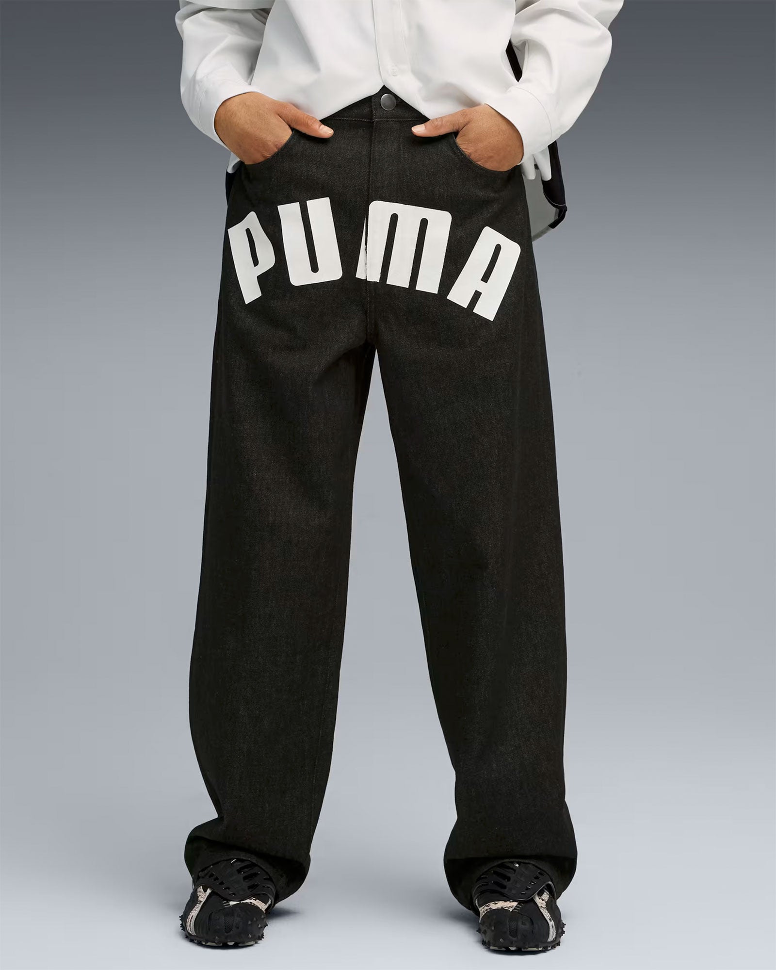 A$AP Rocky x Puma Printed Denim Pants Puma Black - Denim Jeans 633396 01 On Model Front View | Overkill