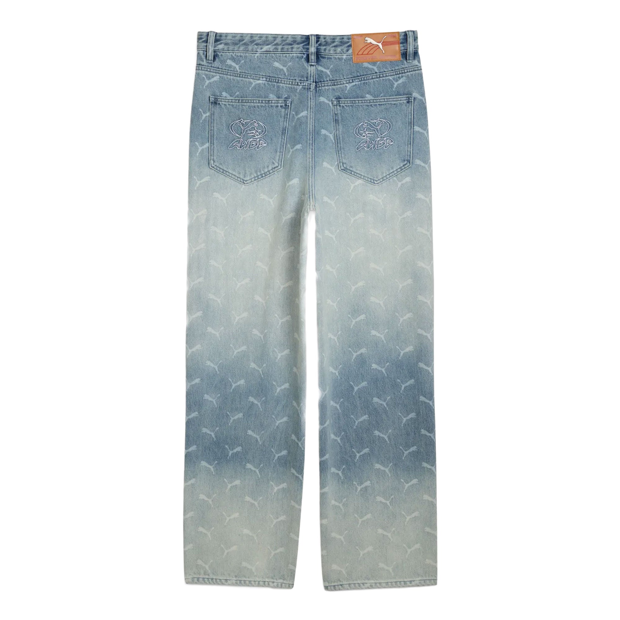 A$AP Rocky x Puma Laser Monogram Denim Pants Faded Denim - All Over Print Jeans 633428 01 Close-up | Overkill