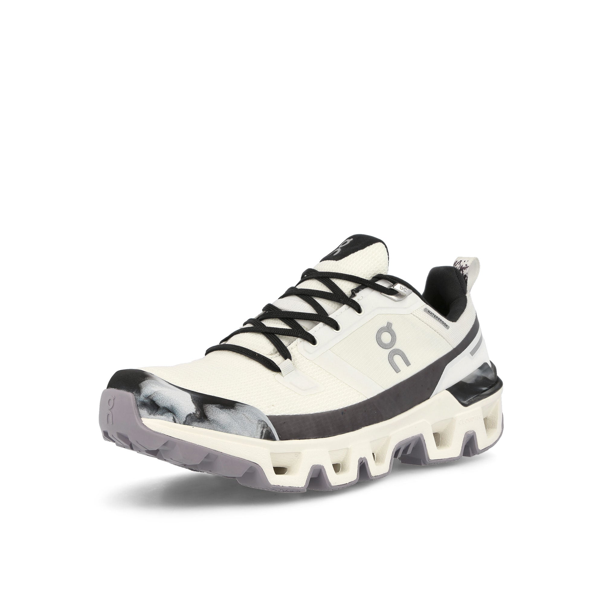 On W Cloudwander Waterproof Ivory-Black Low Top Sneakers Close Up | Overkill
