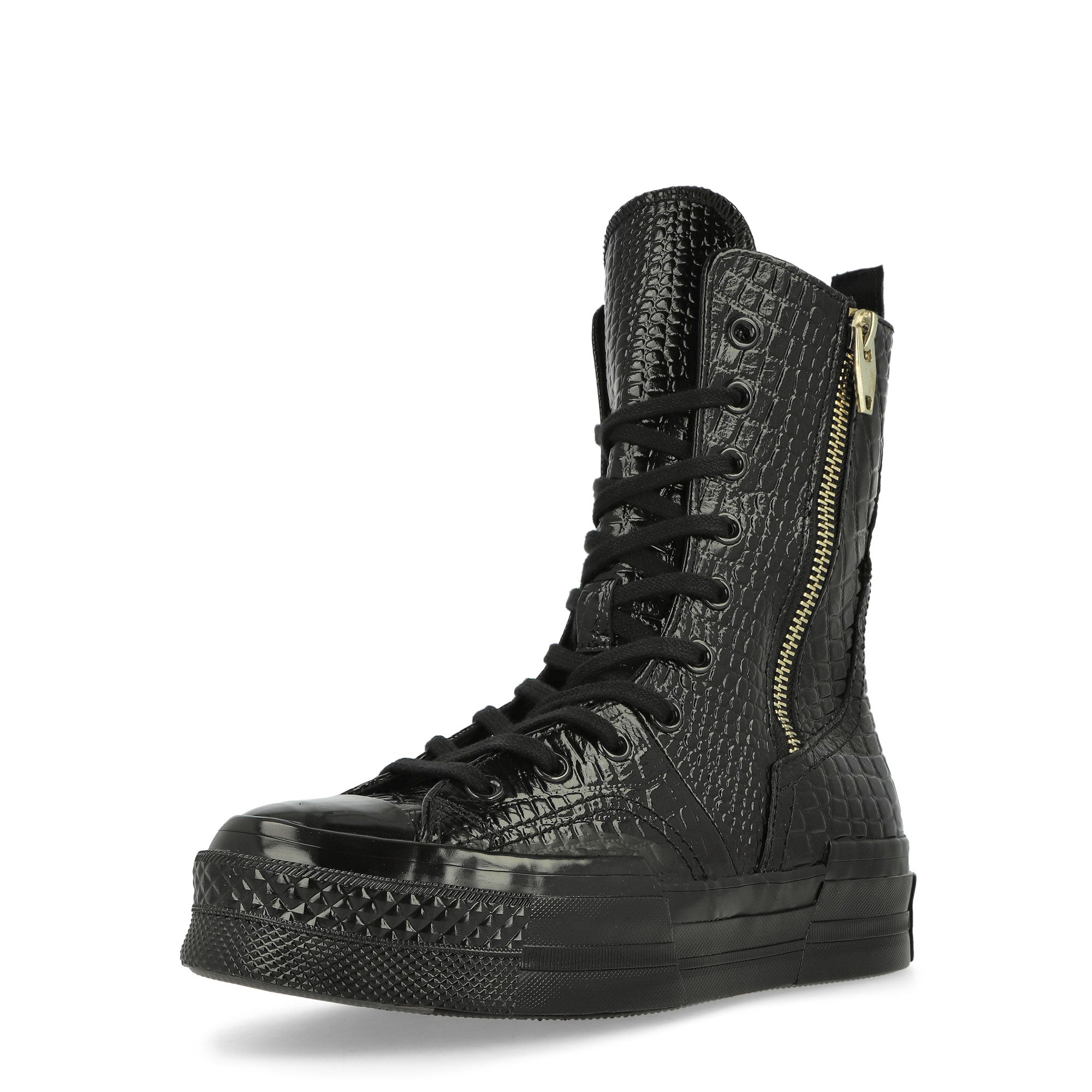 Converse Chuck 70 Plus XHI Leather Black / Black / Light Gold Boots Close Up | Overkill