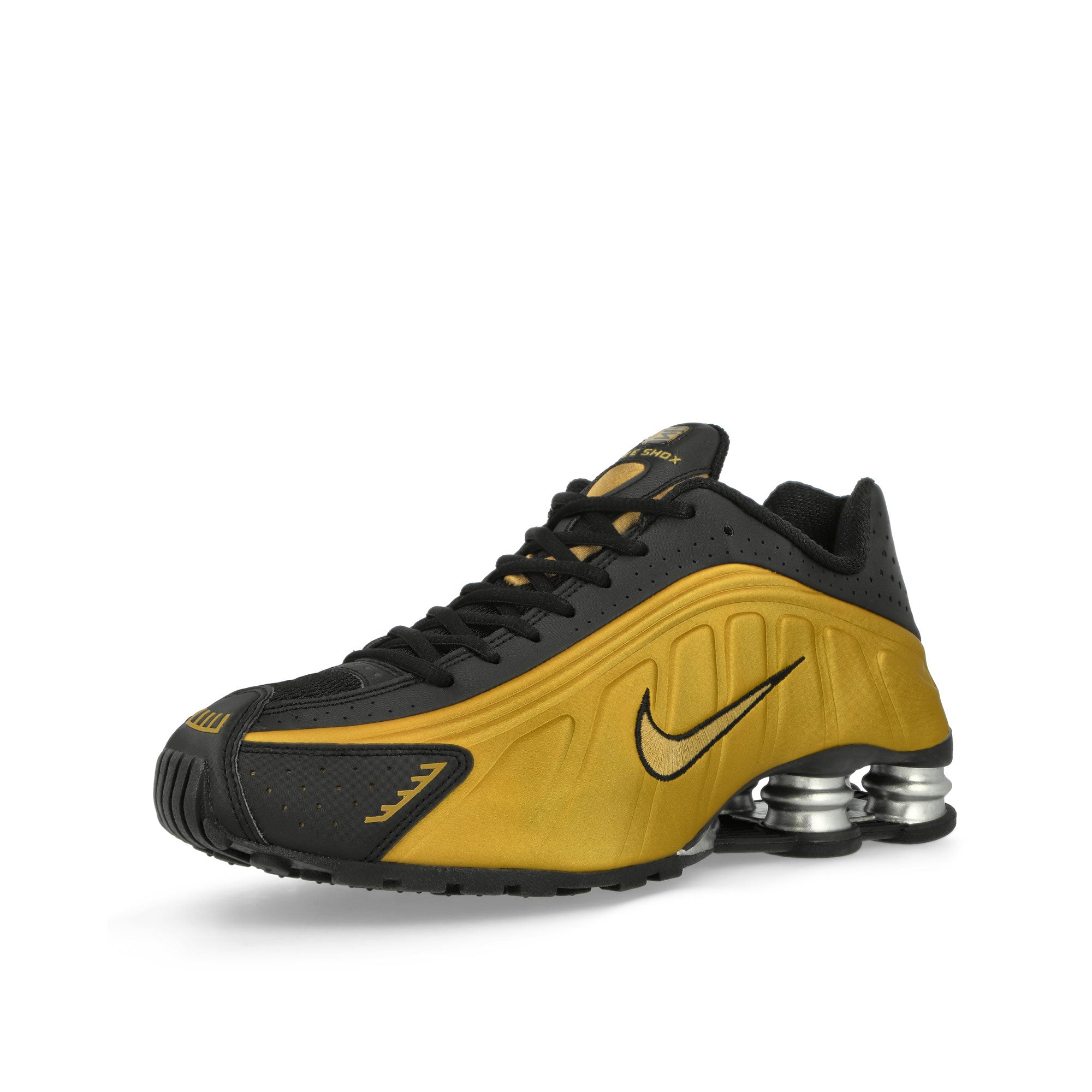 Nike Shox R4 Black / Metallic Gold Low Top Sneakers Close Up | Overkill