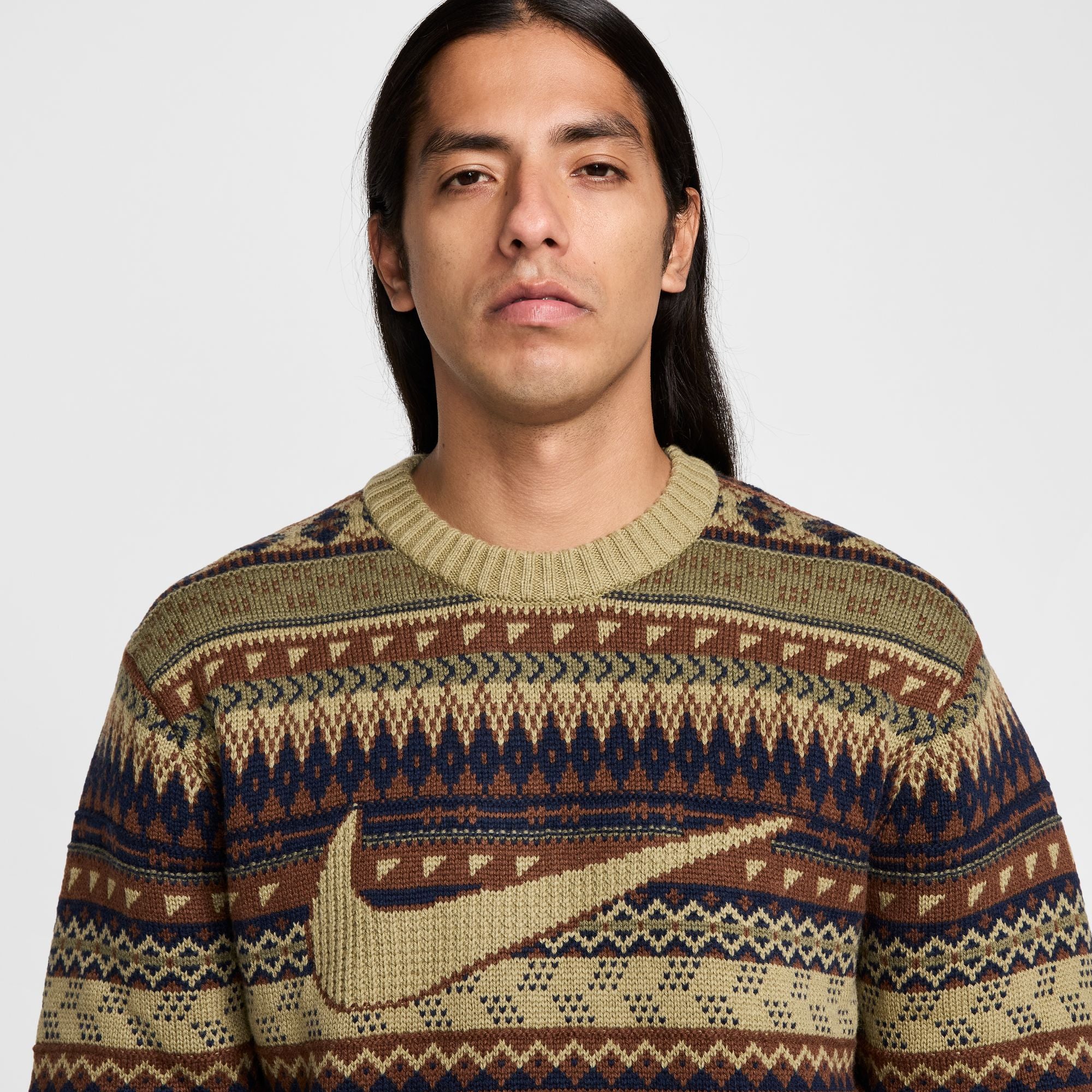 Nike Life Fair Isle Swoosh Sweater Neutral Olive Sweatshirts Detail view 1 | Overkill
