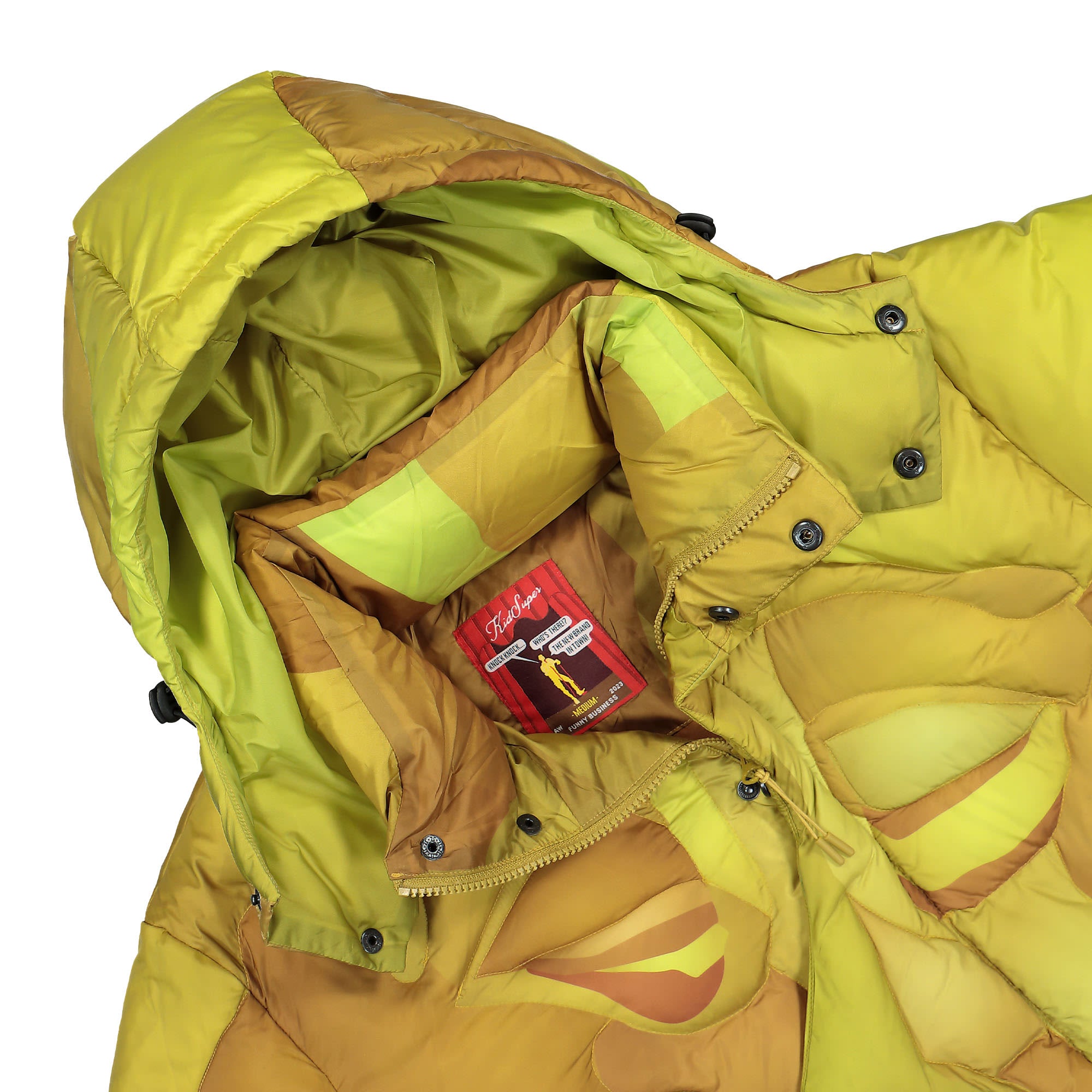 Kidsuper Studios Kissing Puffer Jacket Gold Puffer Jackets Close-up | Overkill