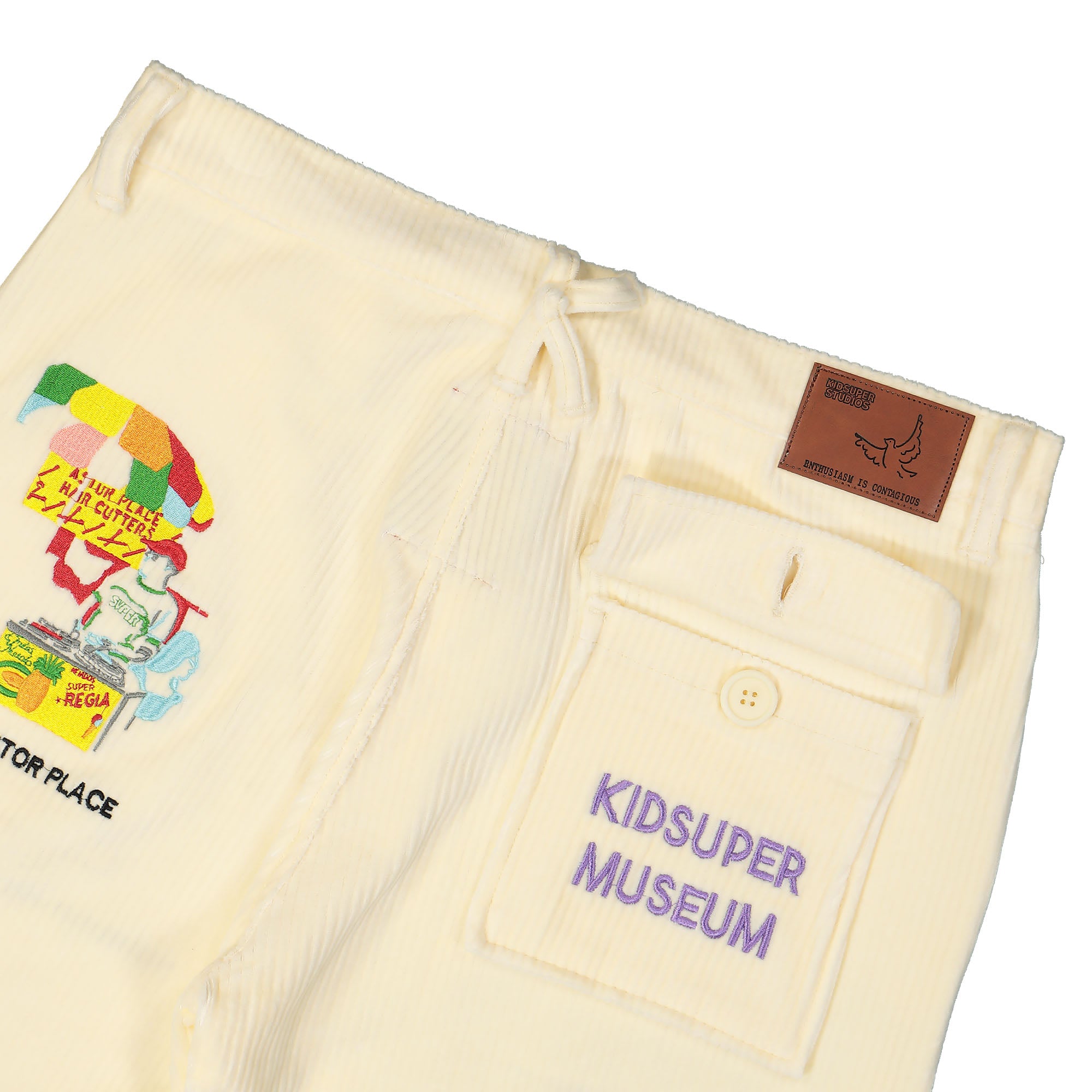 Kidsuper Studios Museum Embroidered Cord Pants Cream Casual Pants Detail view 1 | Overkill