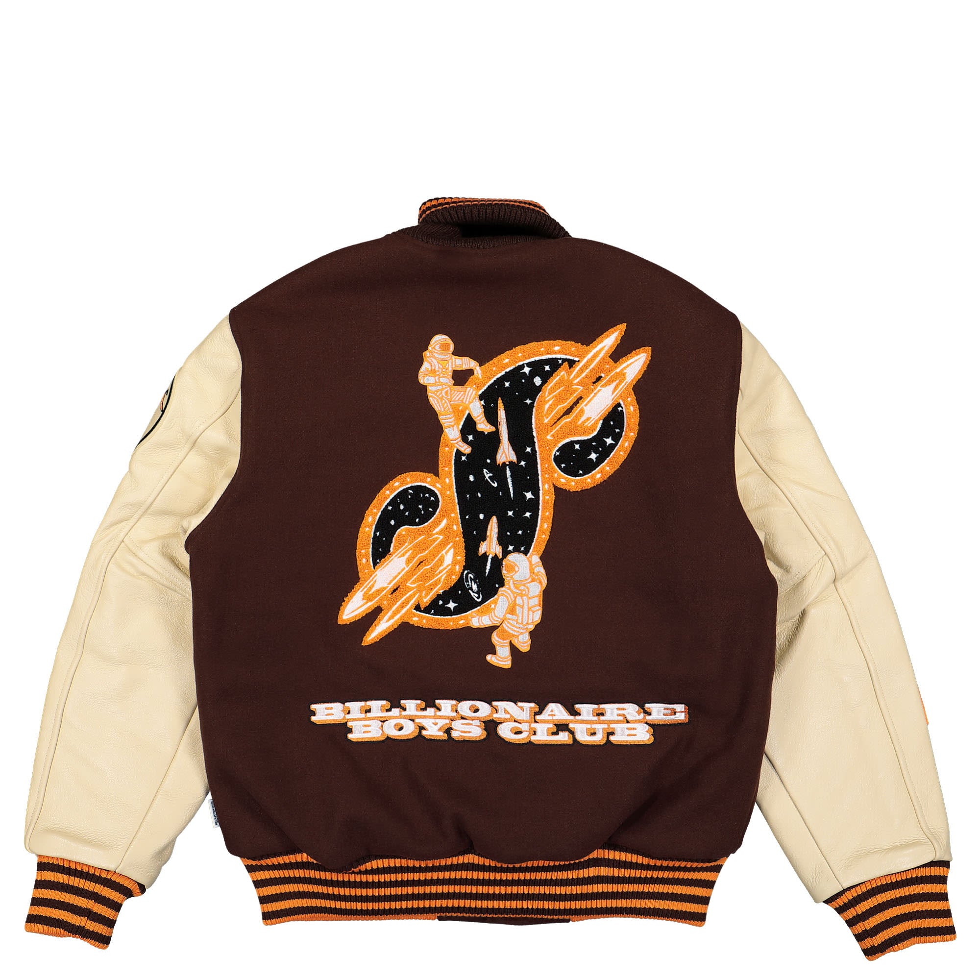 Billionaire Boys Club Leather Sleeve Galaxy Varsity Jacket Brown Bomber & Varsity Jackets Close-up | Overkill