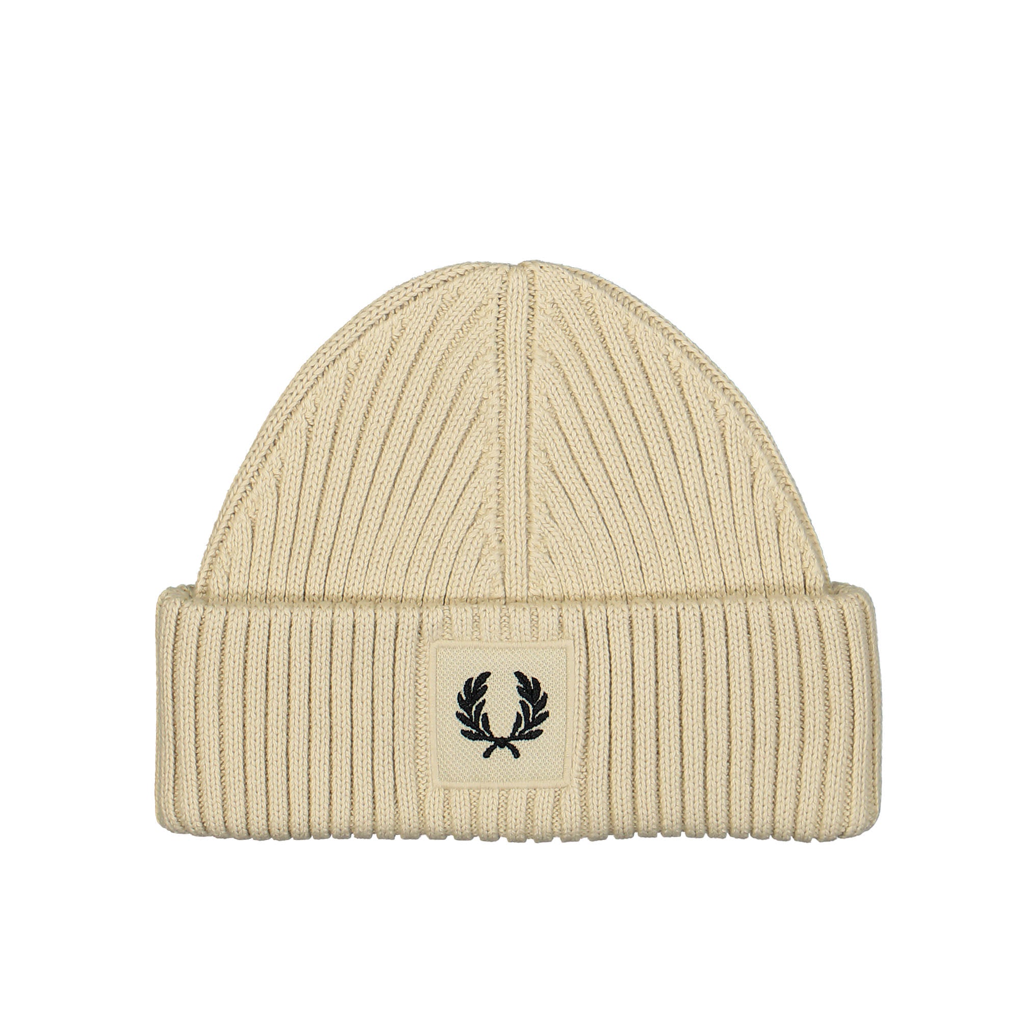 Fred Perry Patch Brand Chunky Rib Beanie Oatmeal/Black Beanies C6151-T04 | Overkill