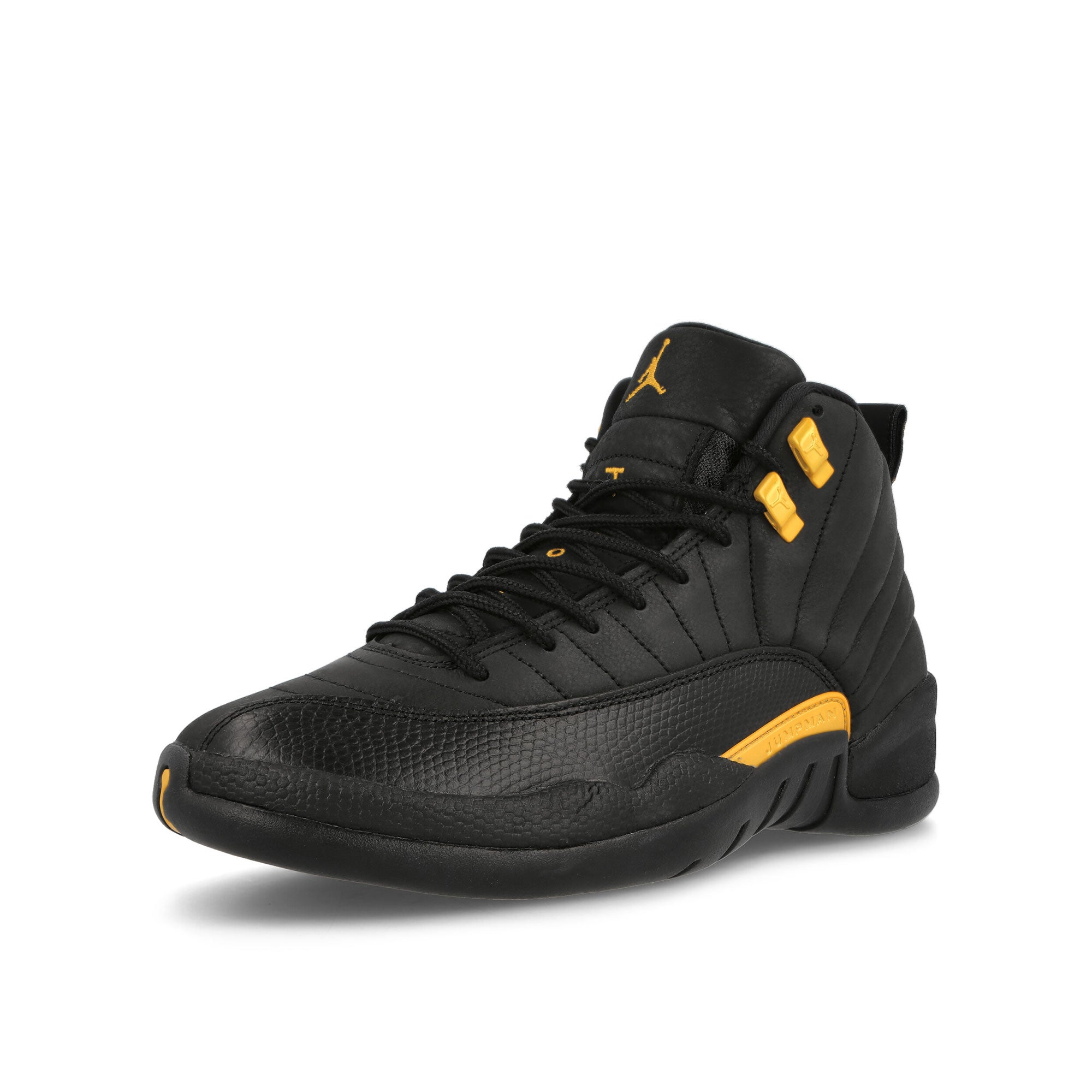 Jordan Air Jordan 12 Retro Black / Taxi Mid Top Sneakers Close Up | Overkill