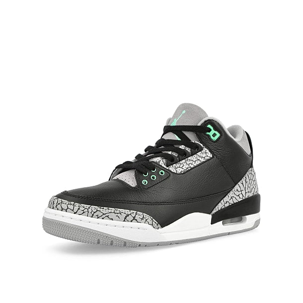 Jordan Air Jordan 3 Retro Black / Green Glow - Wolf Grey - White High Top Sneakers Close Up | Overkill