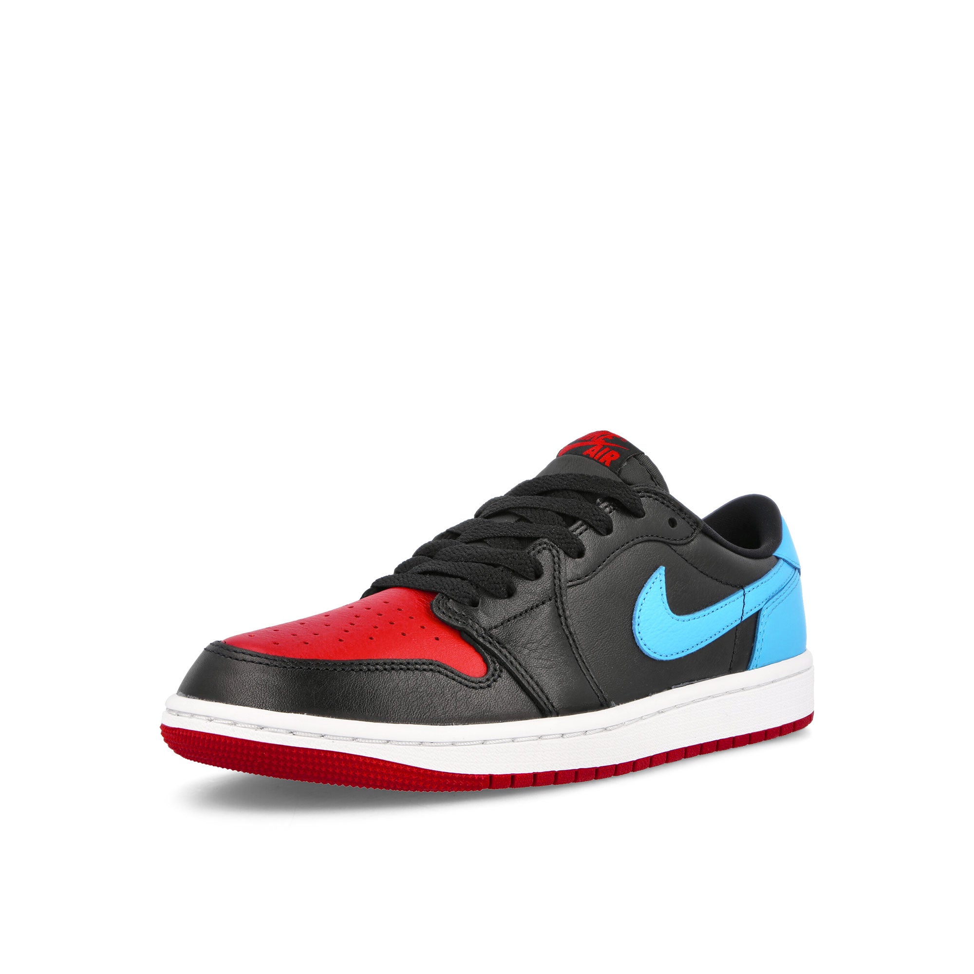Jordan Wmns Air Jordan 1 Retro Low OG Black-DK Powder Blue - Gym Red Low Top Sneakers Close Up | Overkill