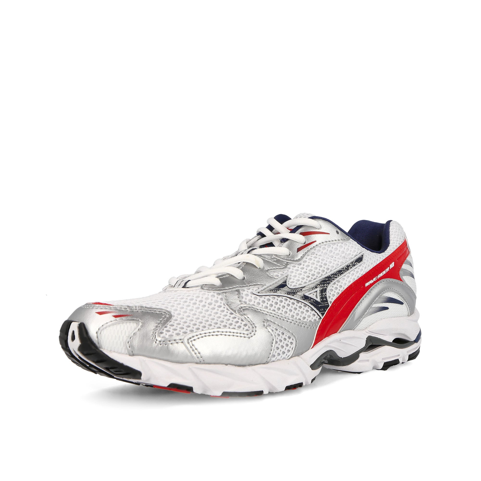 Mizuno Wave Rider 10 White / Isign Blue / Red Low Top Sneakers Close Up | Overkill