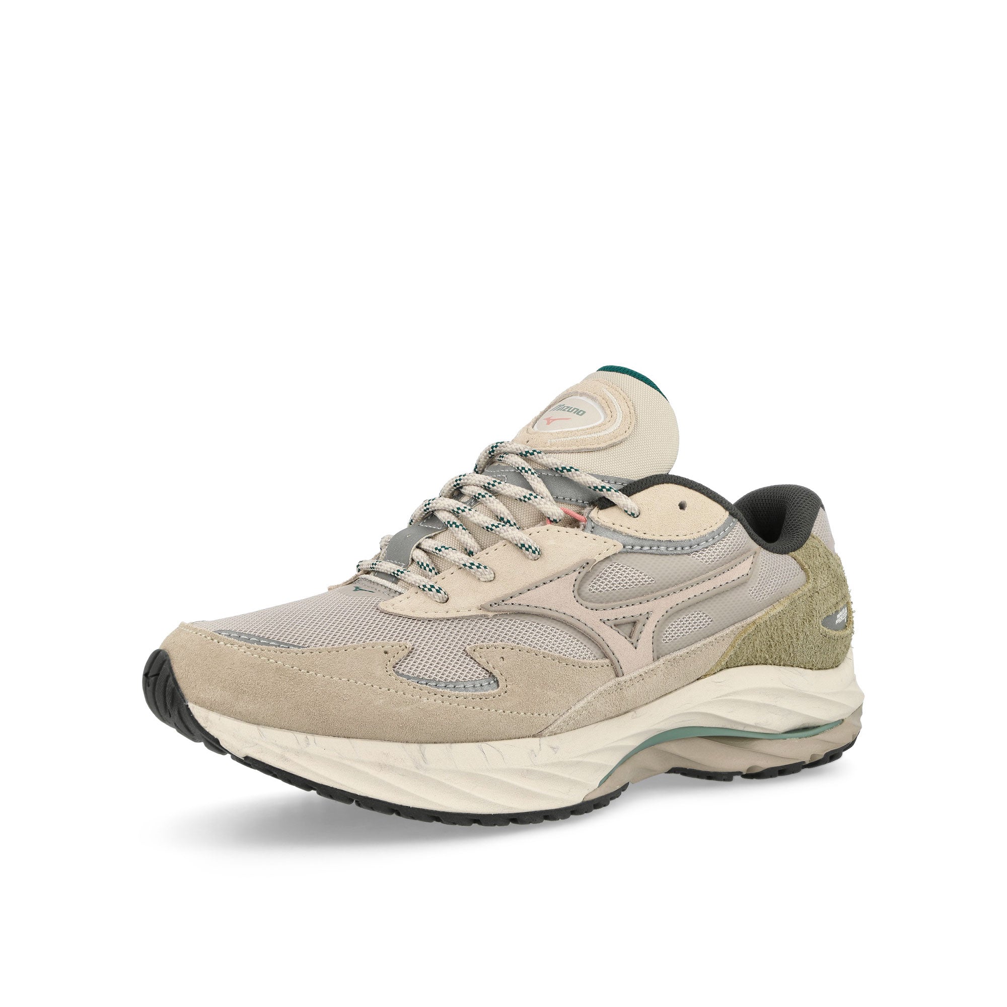 Mizuno Wave Rider Beta Silver Cloud-White Sand-Cedar Low Top Sneakers Close Up | Overkill