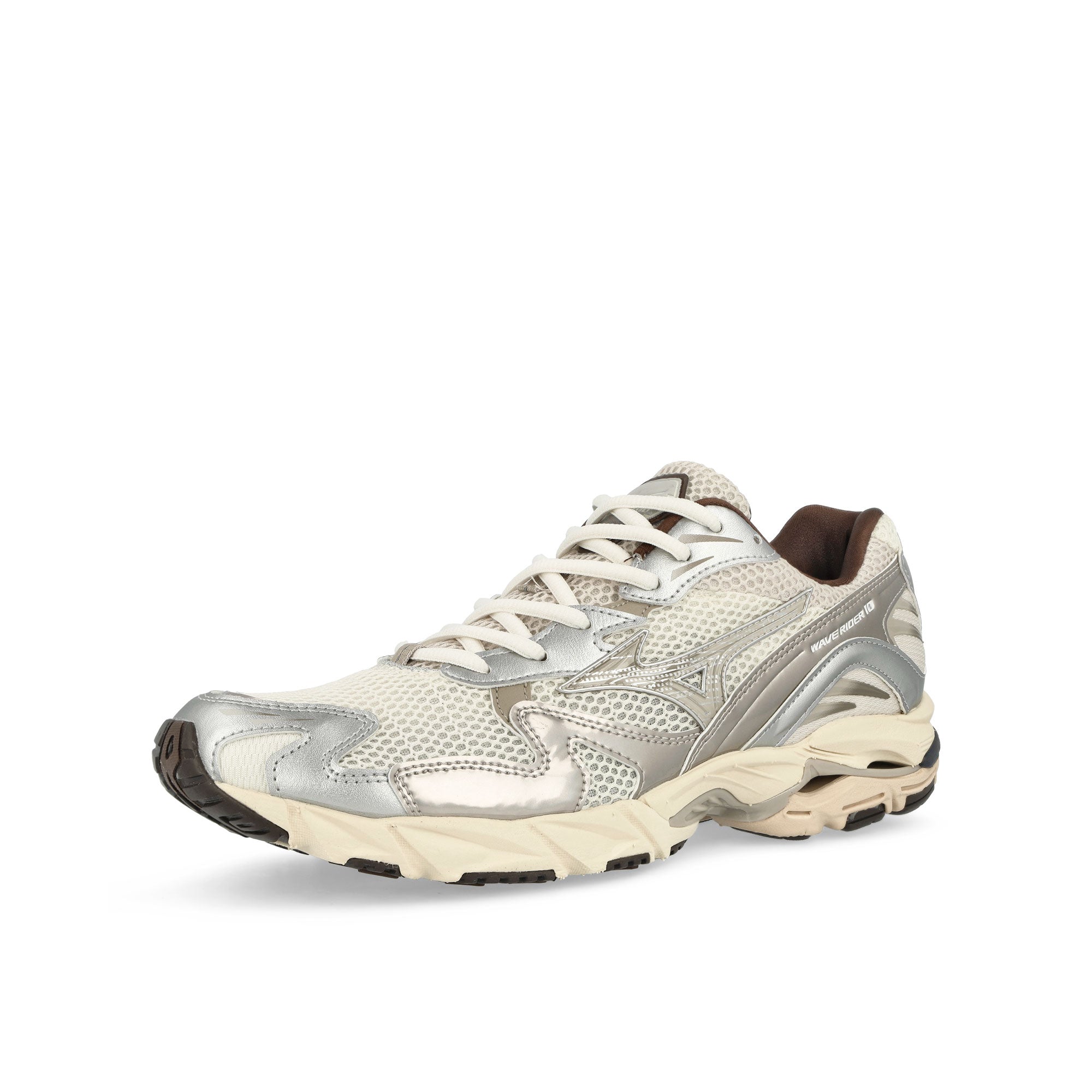Mizuno Wave Rider 10 Snow White / Silver Cloud / Chicory Coffee Low Top Sneakers Close Up | Overkill