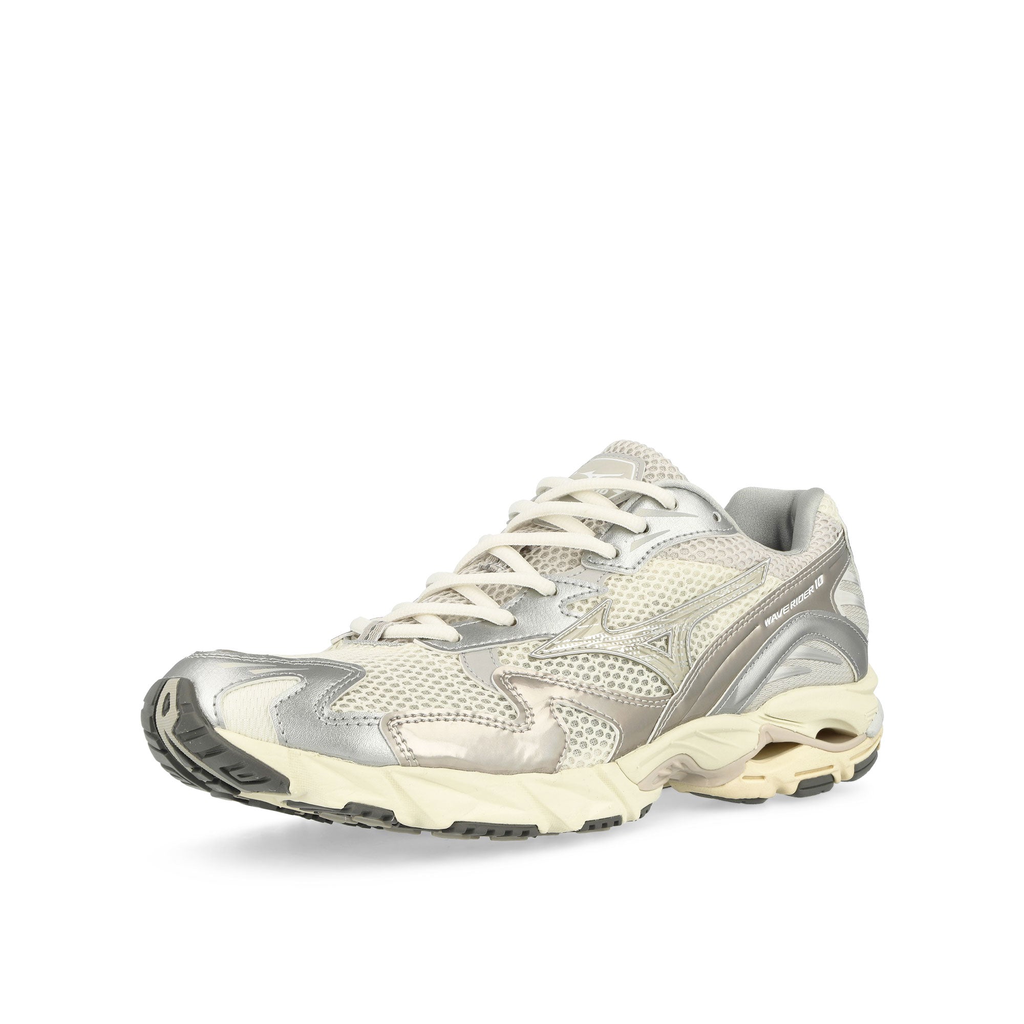 Mizuno Wave Rider 10 Snow White / White Sand / Nimbus Cloud Low Top Sneakers Close Up | Overkill