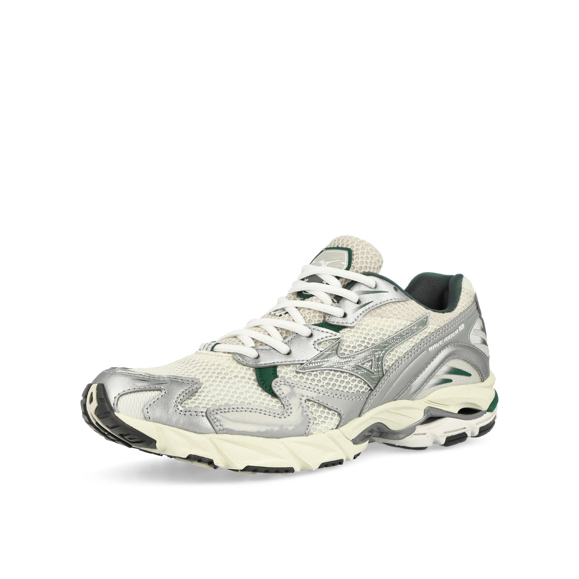 Mizuno Wave Rider 10 Sport Snow White / Slate / Bistro Green Low Top Sneakers Close Up | Overkill