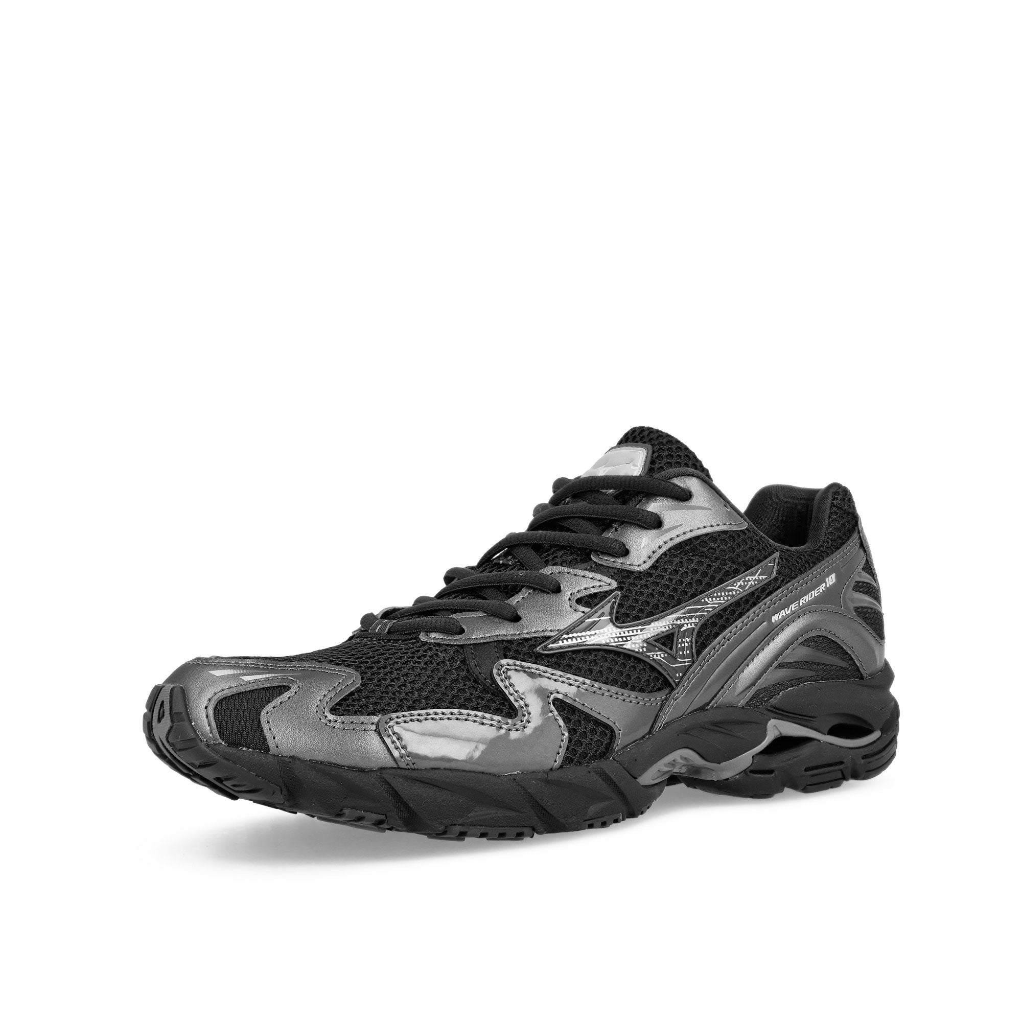 Mizuno Wave Rider 10 Black Sand / Black Sand / Metallic Gray Low Top Sneakers Close Up | Overkill