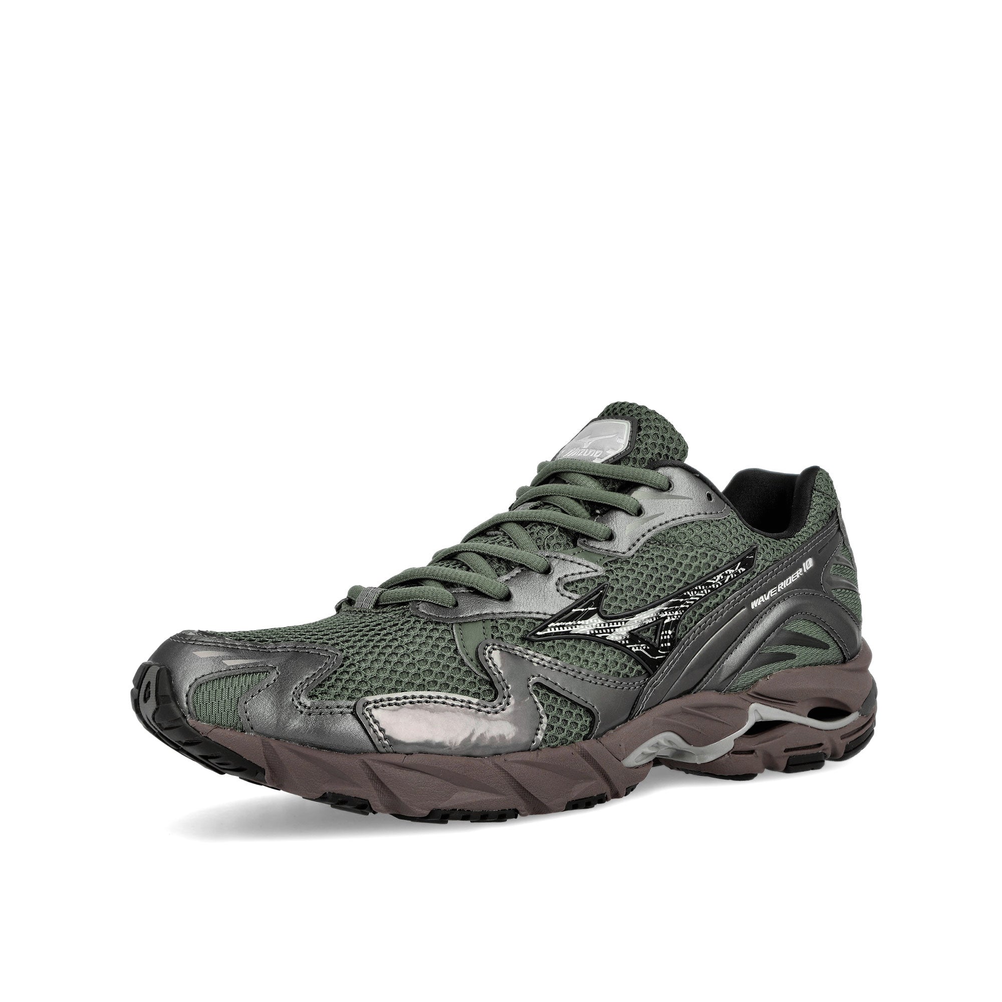 Mizuno Wave Rider 10 Agave Green / Black Sand / Metallic Gray Low Top Sneakers Close Up | Overkill