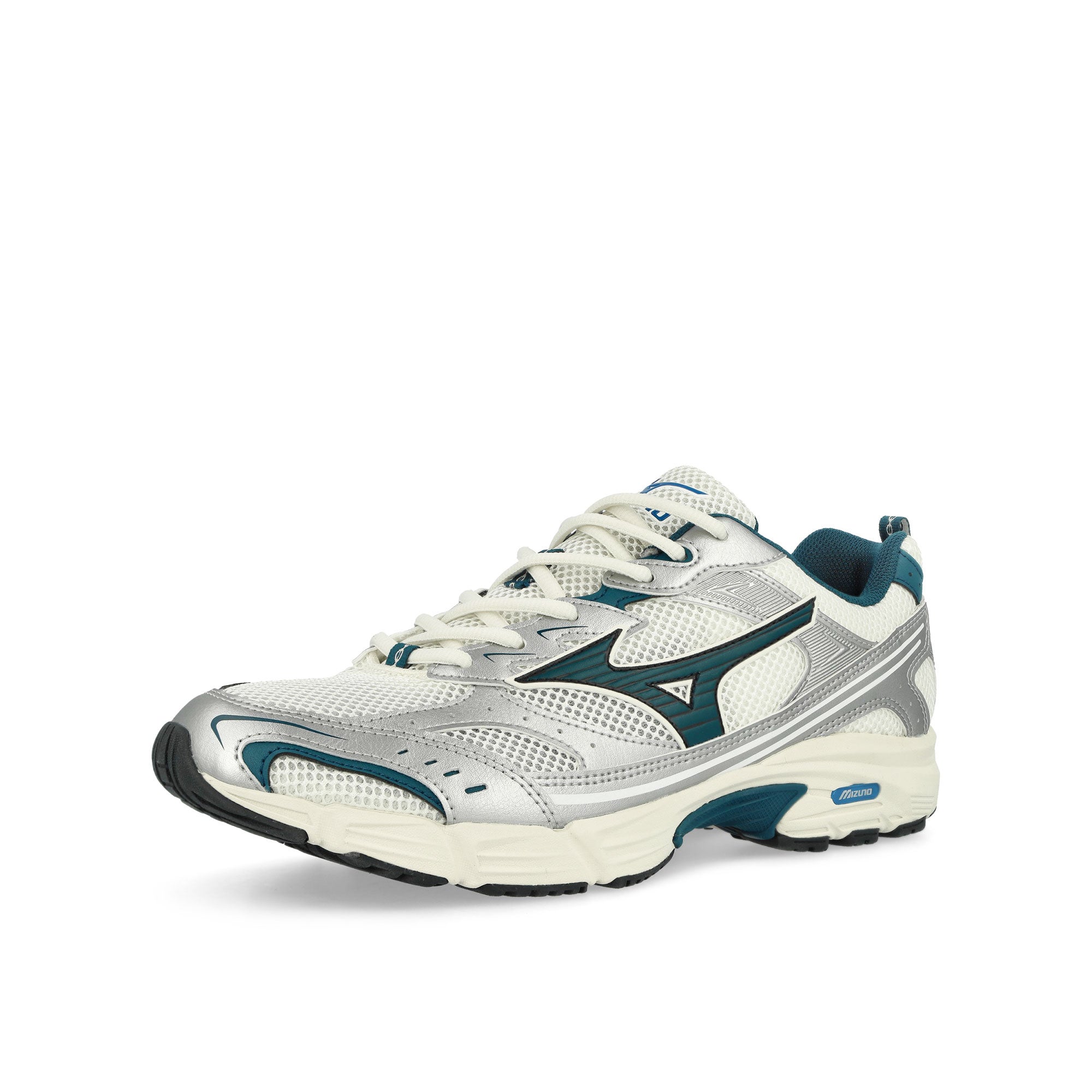 Mizuno MXR Snow White / Majolica Blue / Silver Low Top Sneakers Close Up | Overkill