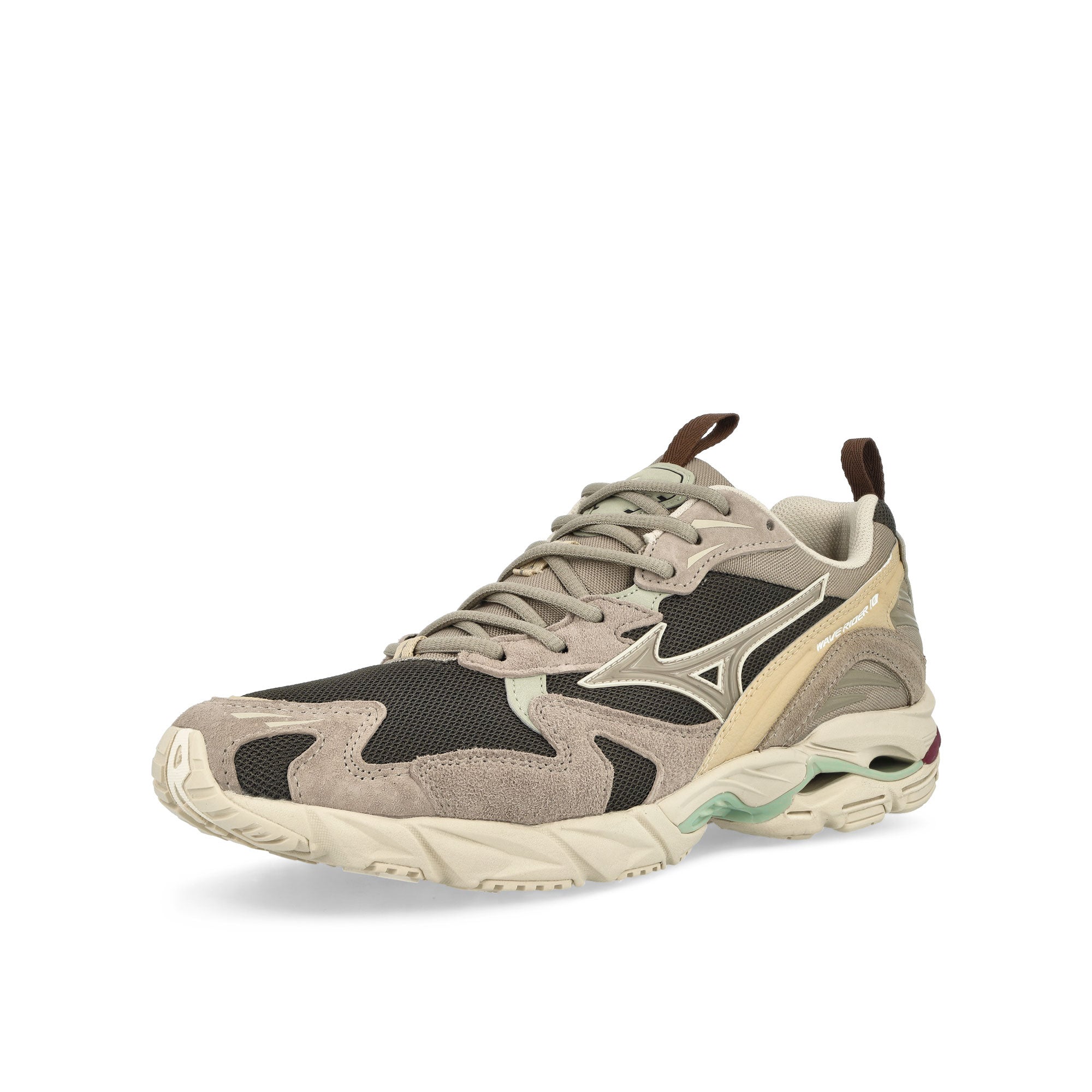Mizuno Wave Rider 10 Beluga / Vintage Khaki / Mojave Desert Low Top Sneakers Close Up | Overkill