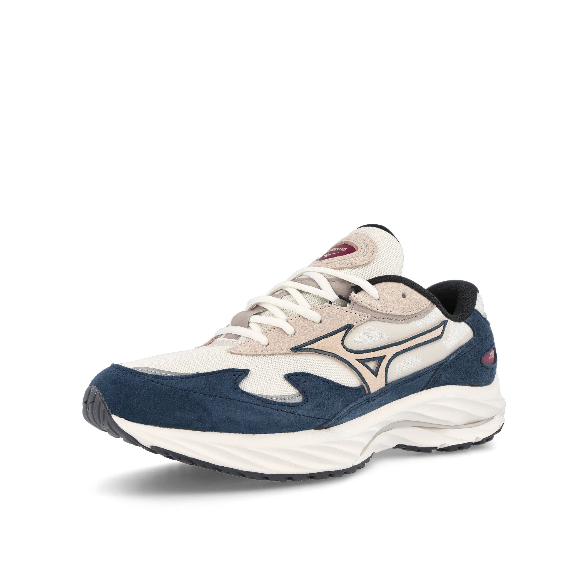 Mizuno Wave Rider Beta Snow White-Shifting Sand-Insignia Blue Sneakers Close Up | Overkill