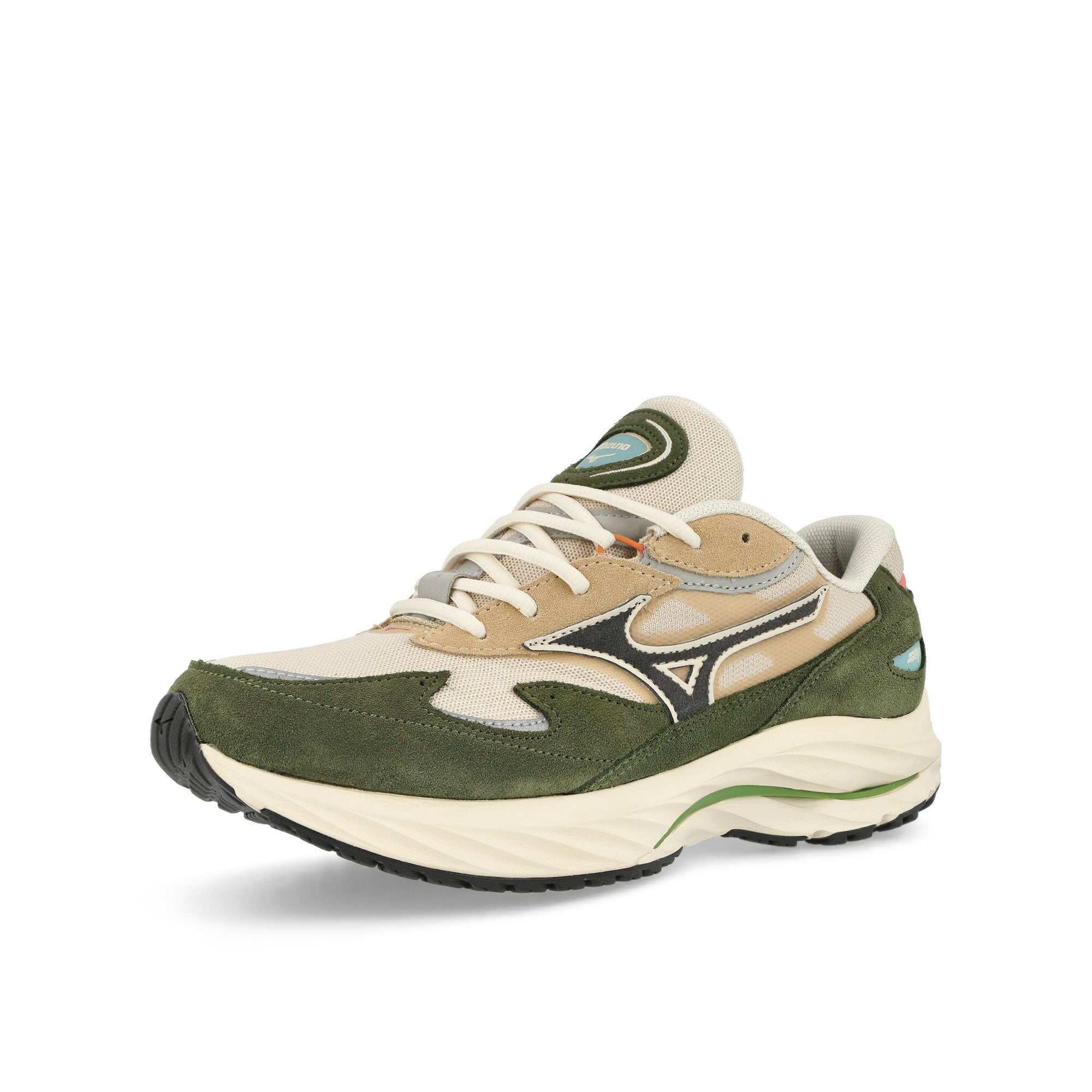 Mizuno Wave Rider Beta Summer Sand / Dark Shadow / Rifle Green Low Top Sneakers Close Up | Overkill