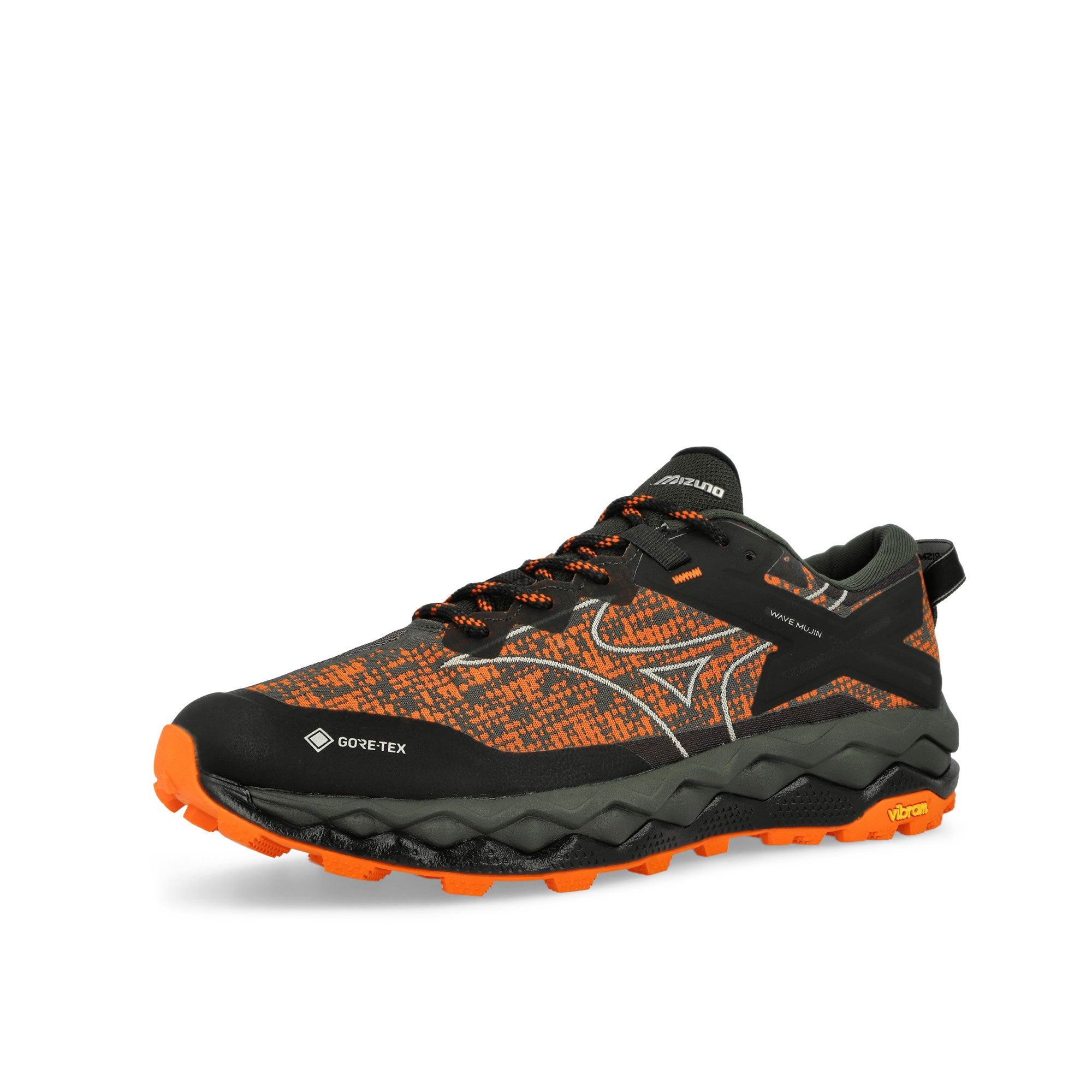 Mizuno Wave Mujin LS GTX Vibrant Orange / Cool Gray / Pine Grove Low Top Sneakers Close Up | Overkill