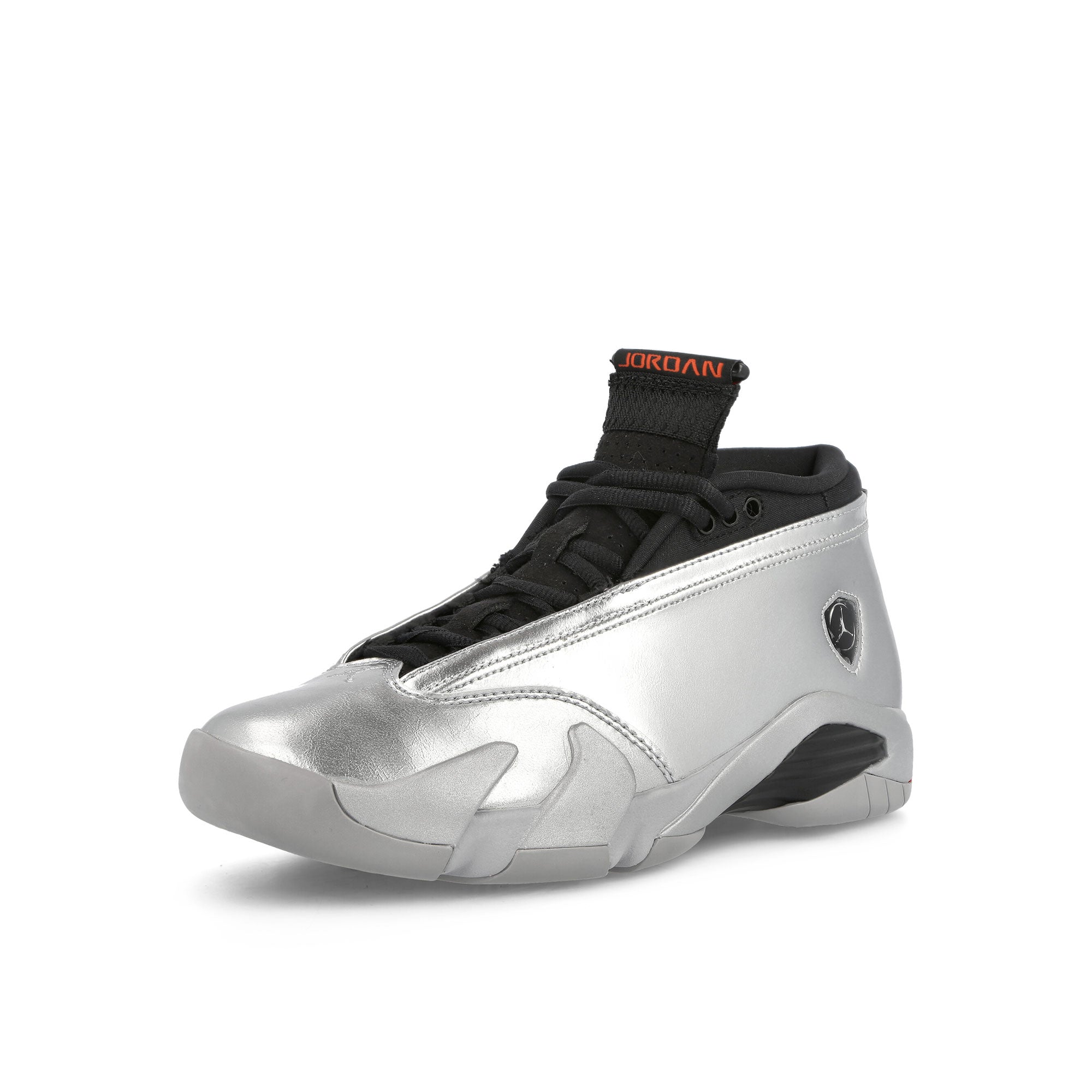 Jordan Wmns Air Jordan 14 Retro Low Metallic Silver-Fire Red - Wolf Grey - Black Low Top Sneakers Close Up | Overkill