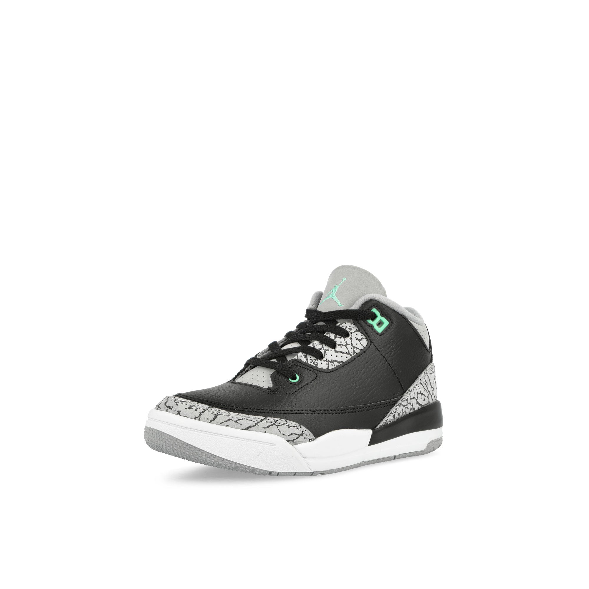 Jordan Jordan 3 Retro PS Black / Green Glow - Wolf Grey - White Mid Top Sneakers Close Up | Overkill