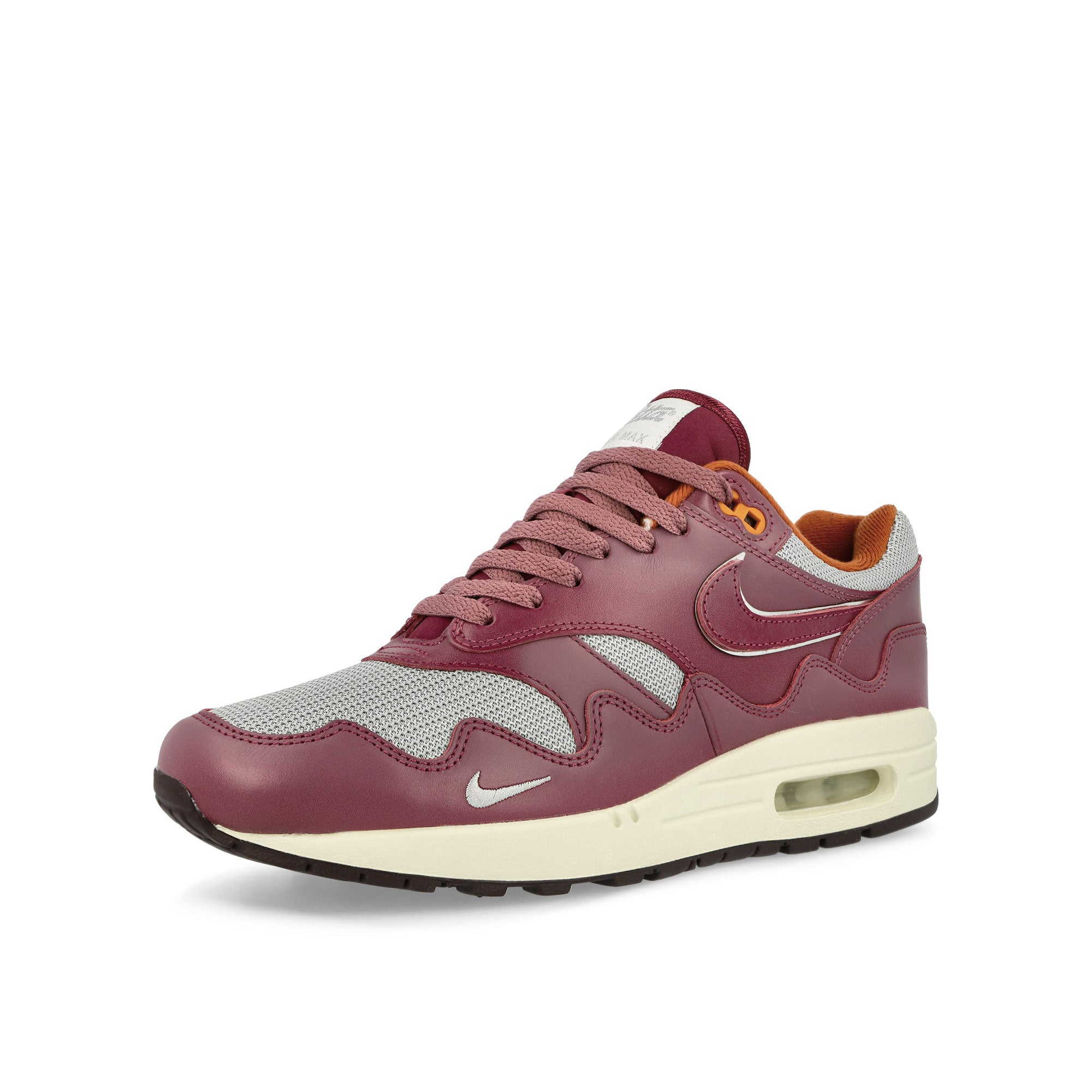 Nike Air Max 1 Metallic Silver / Rush Maroon Low Top Sneakers Close Up | Overkill