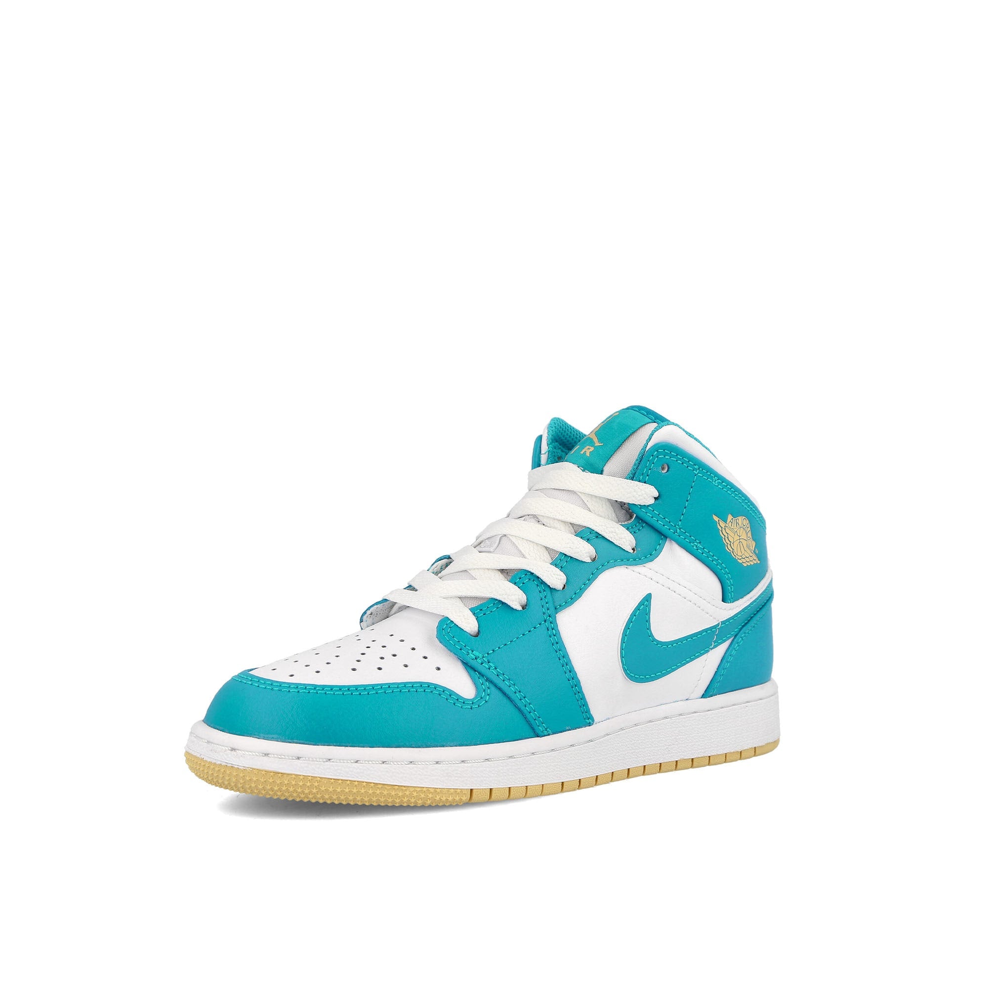 Jordan Air Jordan 1 Mid GS Aquatone-Celestial Gold-White Mid Top Sneakers Close Up | Overkill
