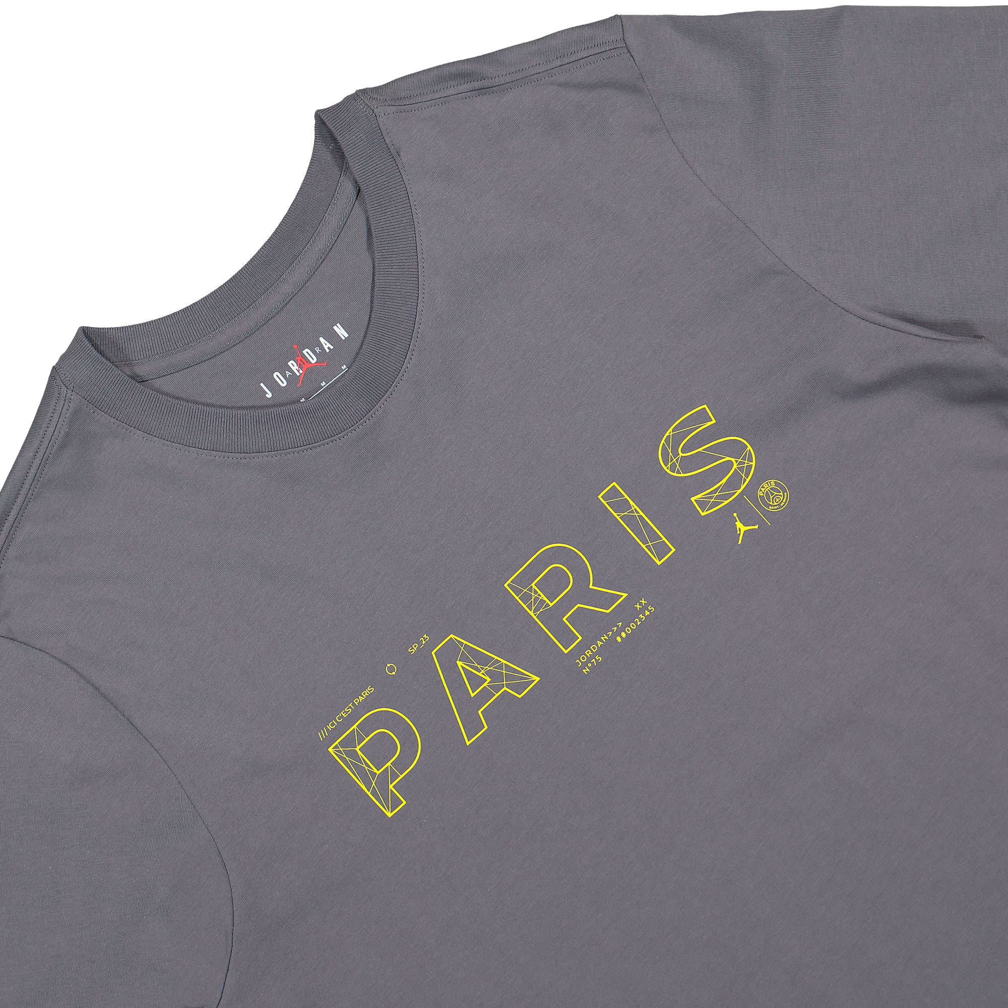 Jordan Paris Saint Germain x Air Jordan SS Tee Light Graphite/ Tour Yellow T-Shirts Close-up | Overkill
