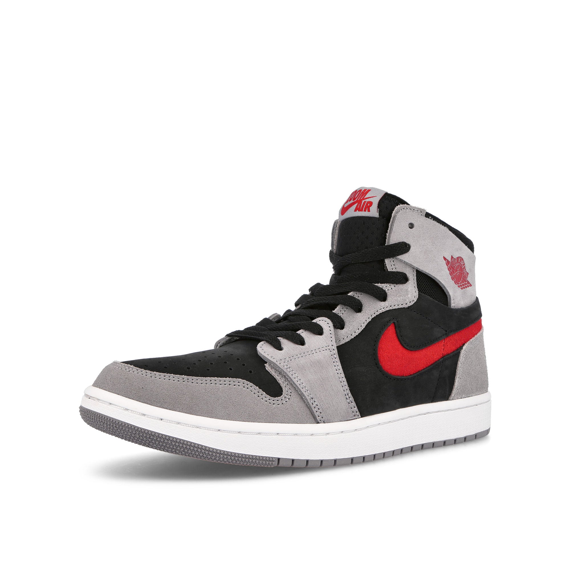 Jordan Air Jordan 1 Zoom Comfort Black-Fire Red - Cement Grey - White High Top Sneakers Close Up | Overkill
