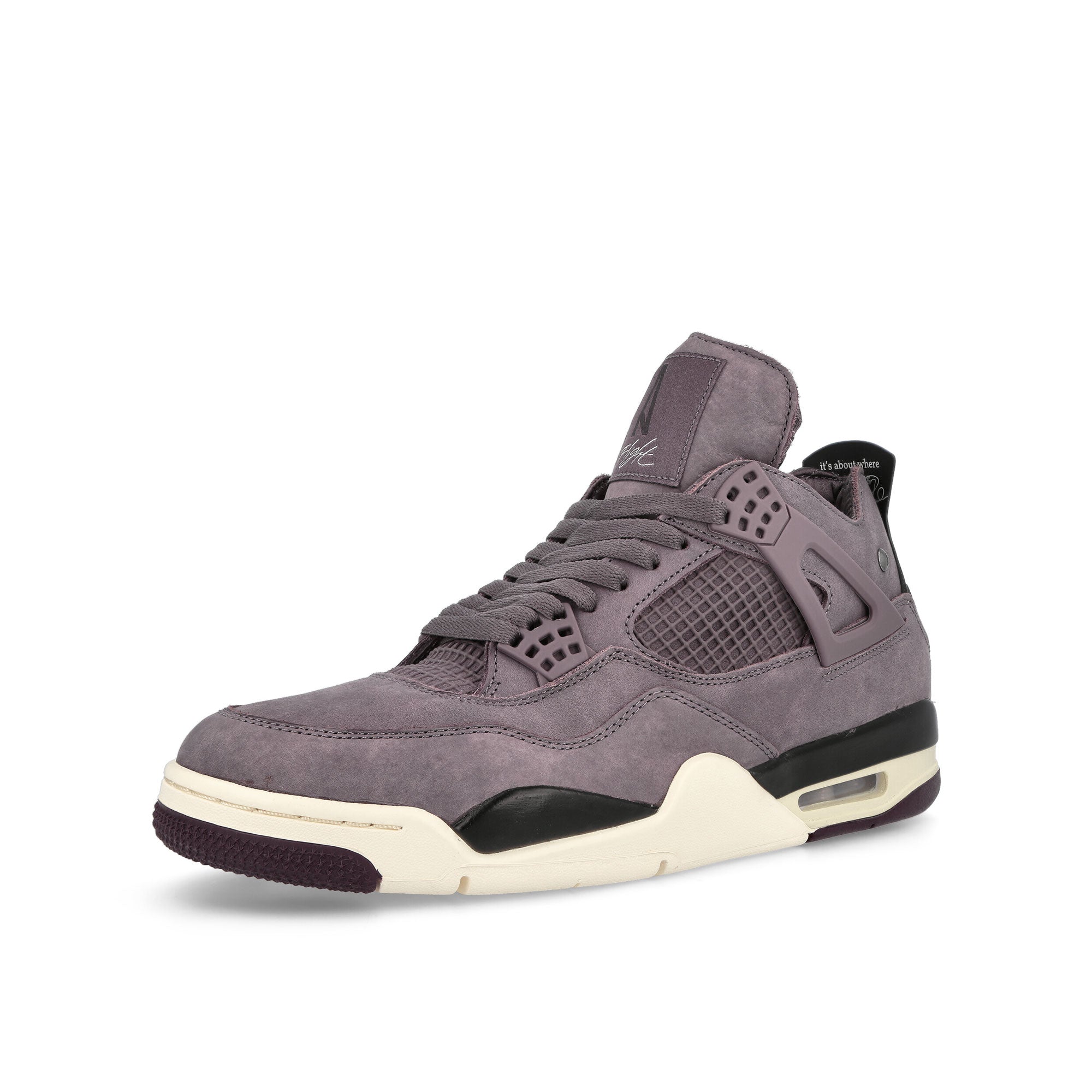 Jordan A Ma Maniere x Air Jordan 4 Retro SP Violet Ore / Medium Ash - Black - Muslin High Top Sneakers Close Up | Overkill