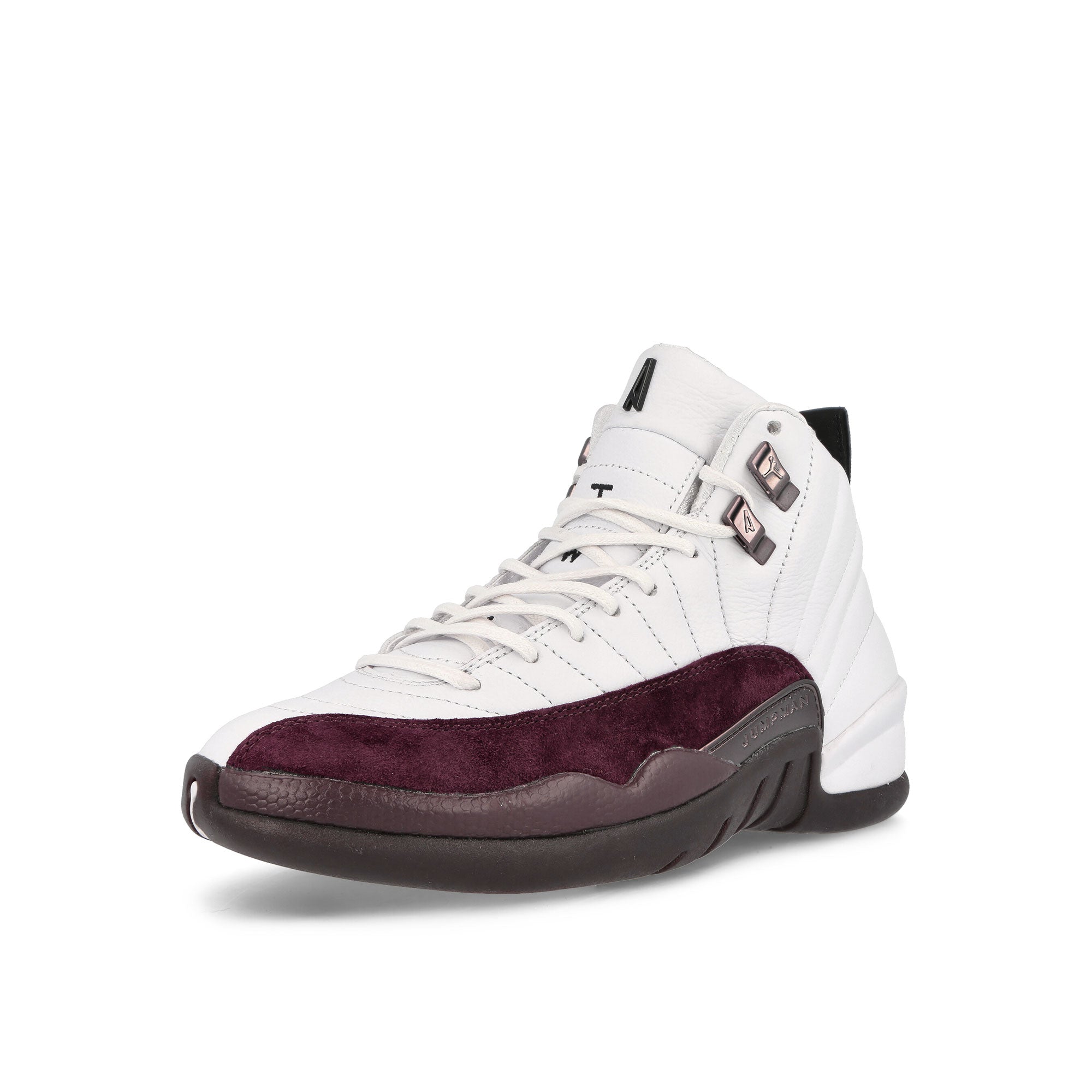 Jordan A Ma Maniere x Wmns Air Jordan 12 Retro SP White-Black - Burgundy Crush High Top Sneakers Close Up | Overkill