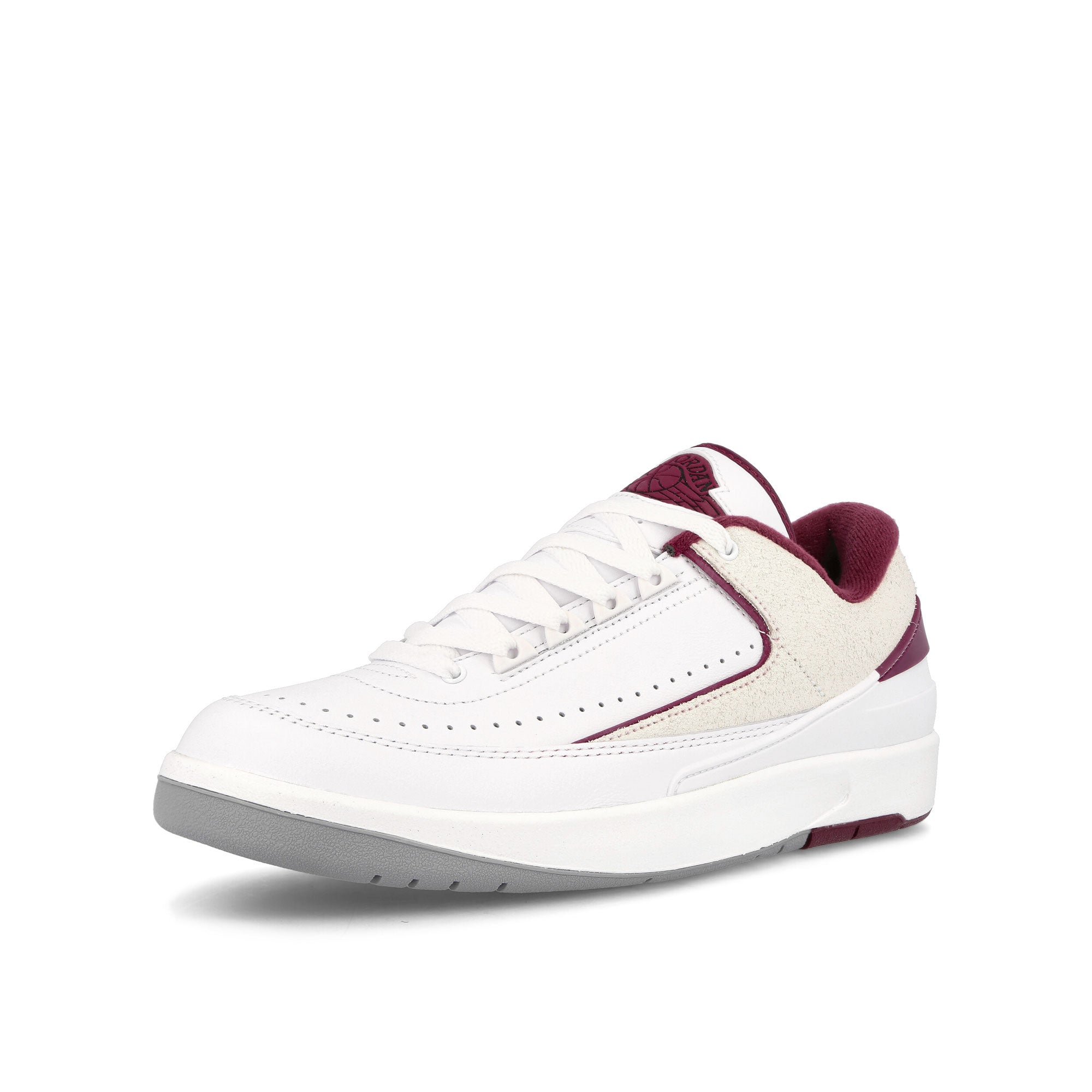 Jordan Air Jordan 2 Retro Low White / Cherrywood Red - Light Steel Grey Low Top Sneakers Close Up | Overkill