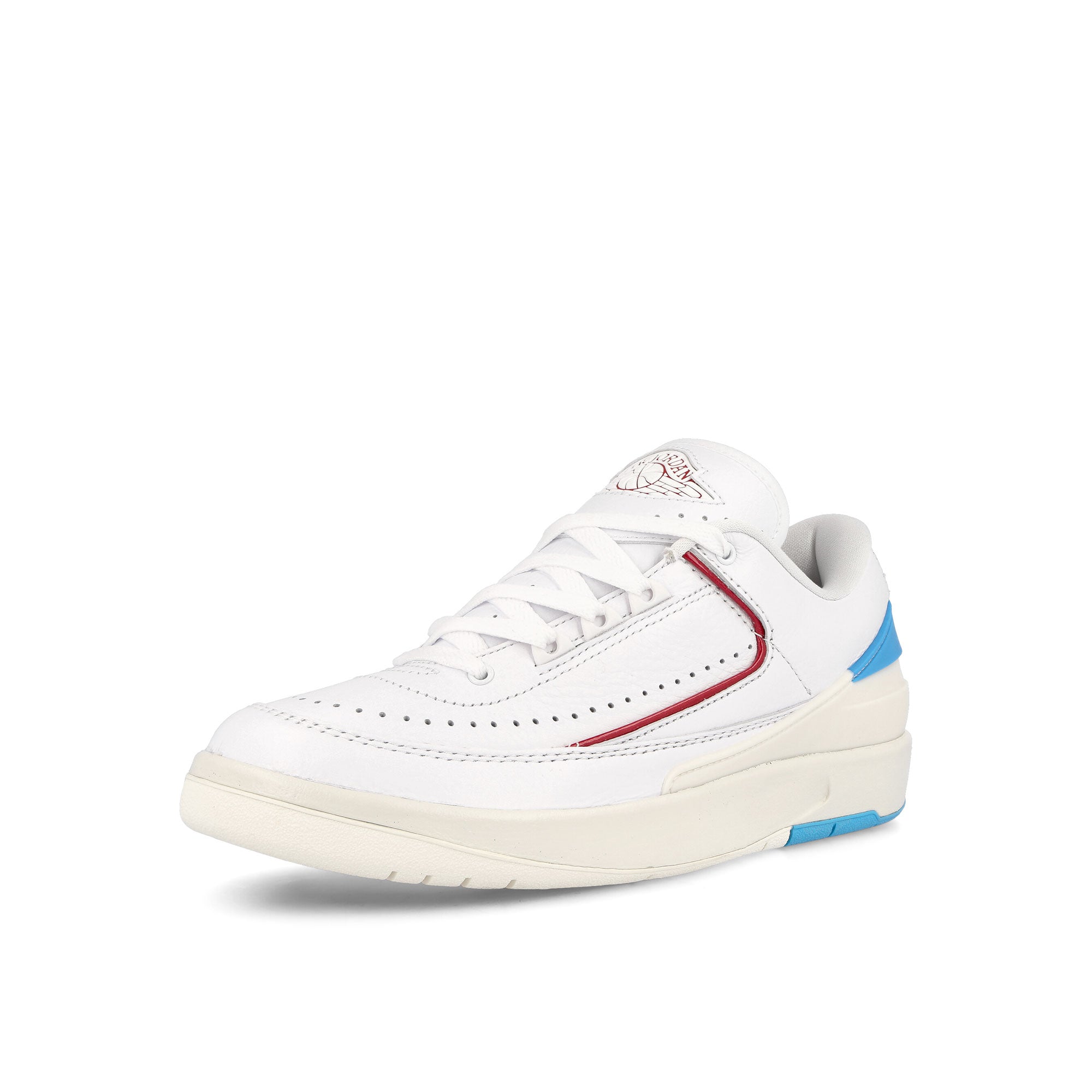 Jordan Wmns Air Jordan 2 Retro Low White-Gym Red - Dark Powder Blue Sneakers Close Up | Overkill