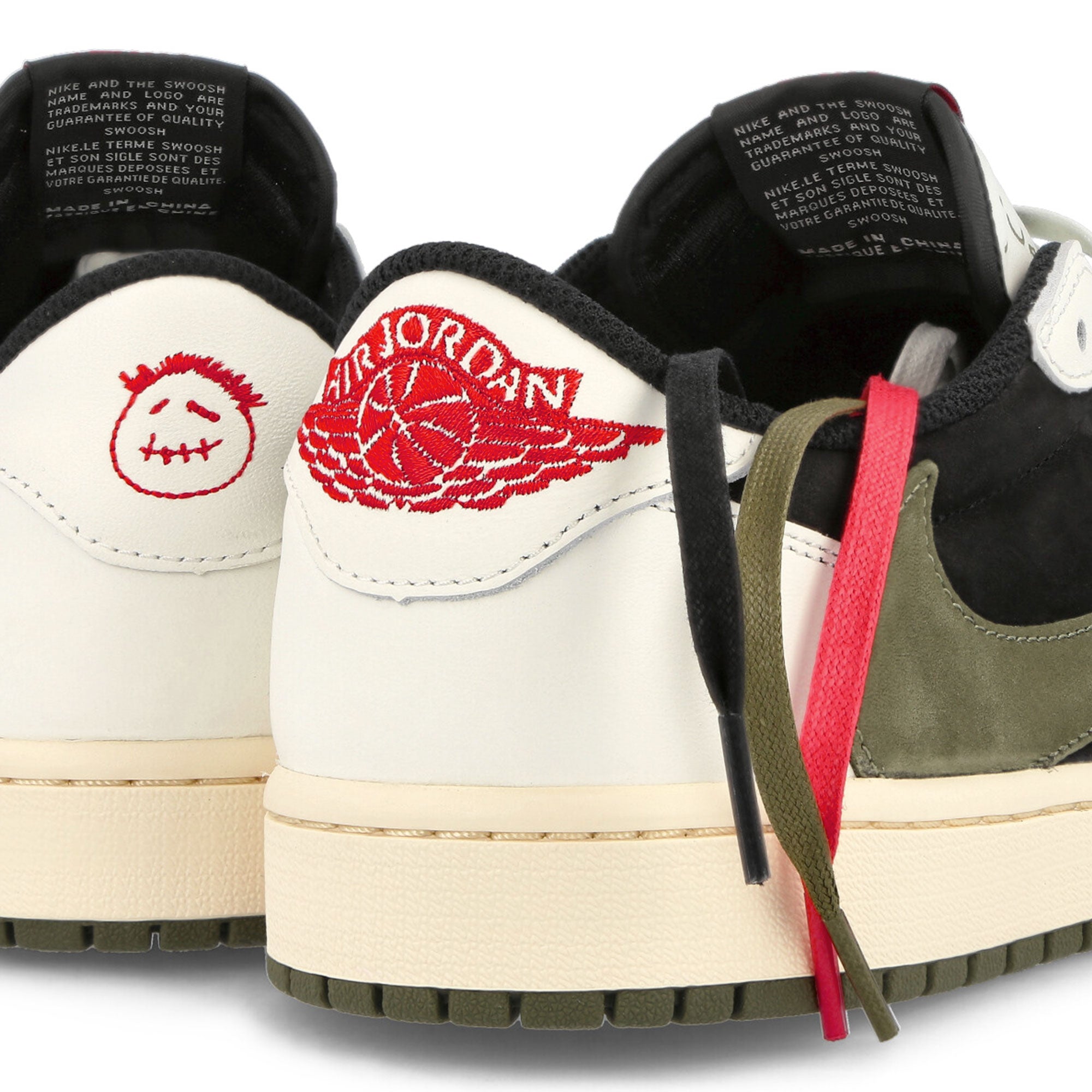 Jordan Travis Scott x Wmns Air Jordan 1 Low OG SP Sail / University Red - Black - Medium Olive Sneakers Close Up | Overkill