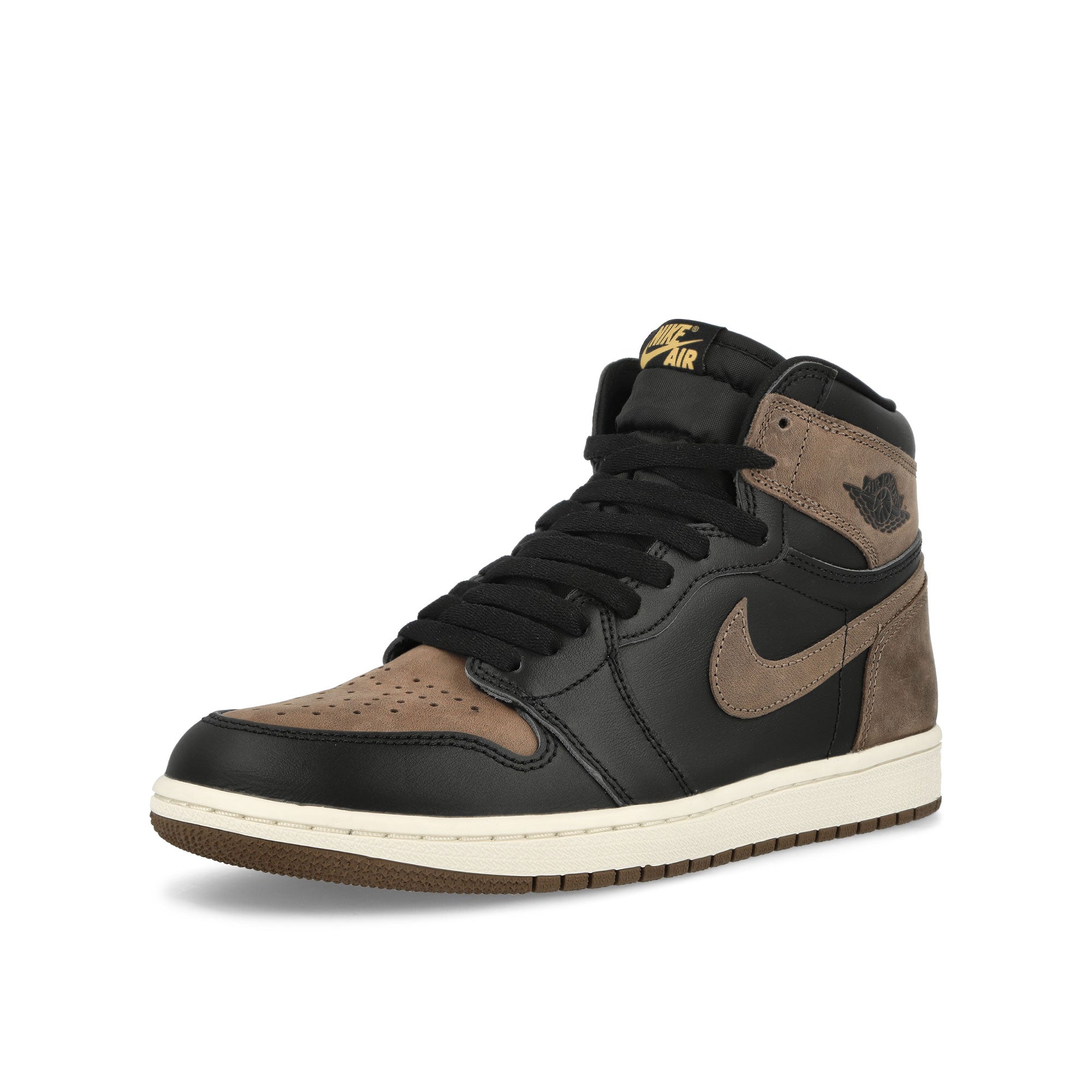 Jordan Air Jordan 1 Retro High OG Black / Metallic Gold - Palomino - Sail High Top Sneakers Close Up | Overkill