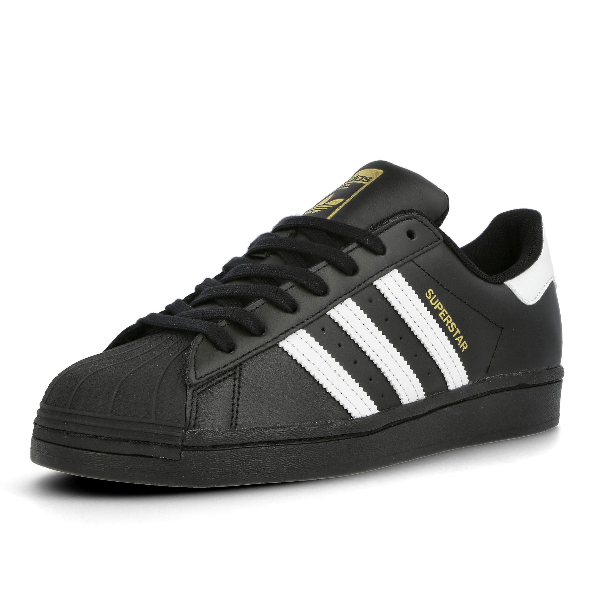 adidas Superstar Core Black-Running White-Core Black Low Top Sneakers Close Up | Overkill