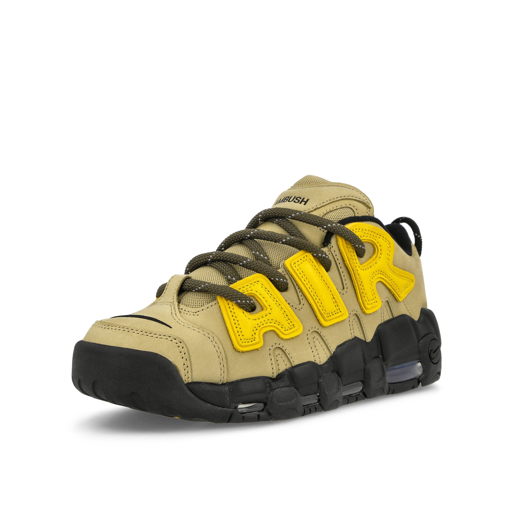 Nike AMBUSH x Nike Air More Uptempo Low SP Limestone / Vivid Sulfur - Black - Flat Pewter Sneakers Close Up | Overkill