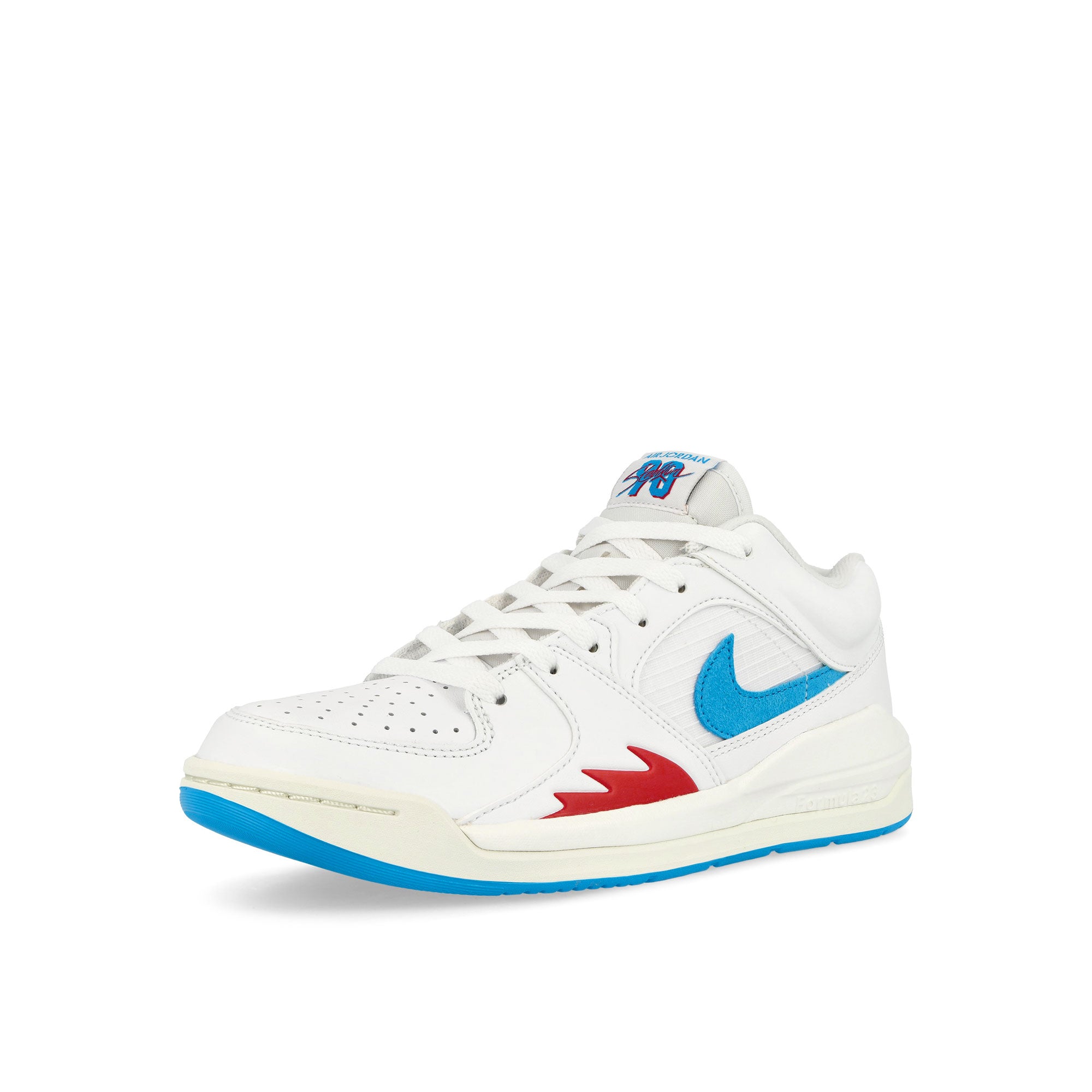 Jordan Wmns Jordan Stadium 90 White / Dark Powder Blue - Sail - Gym Red Low Top Sneakers Close Up | Overkill