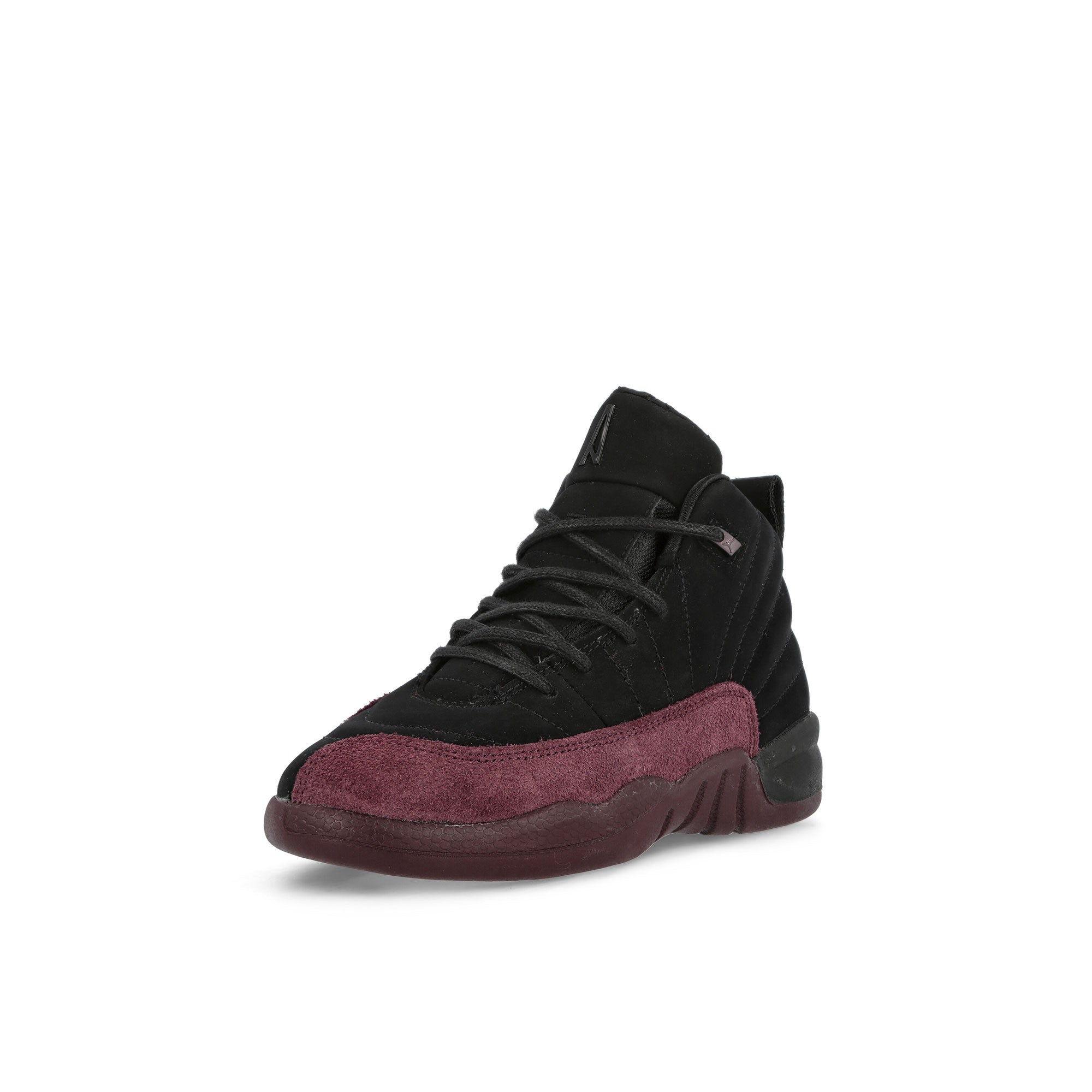 Jordan A Ma Maniere x Jordan 12 Retro SP PS Black-Black - Burgundy Crush High Top Sneakers Close Up | Overkill