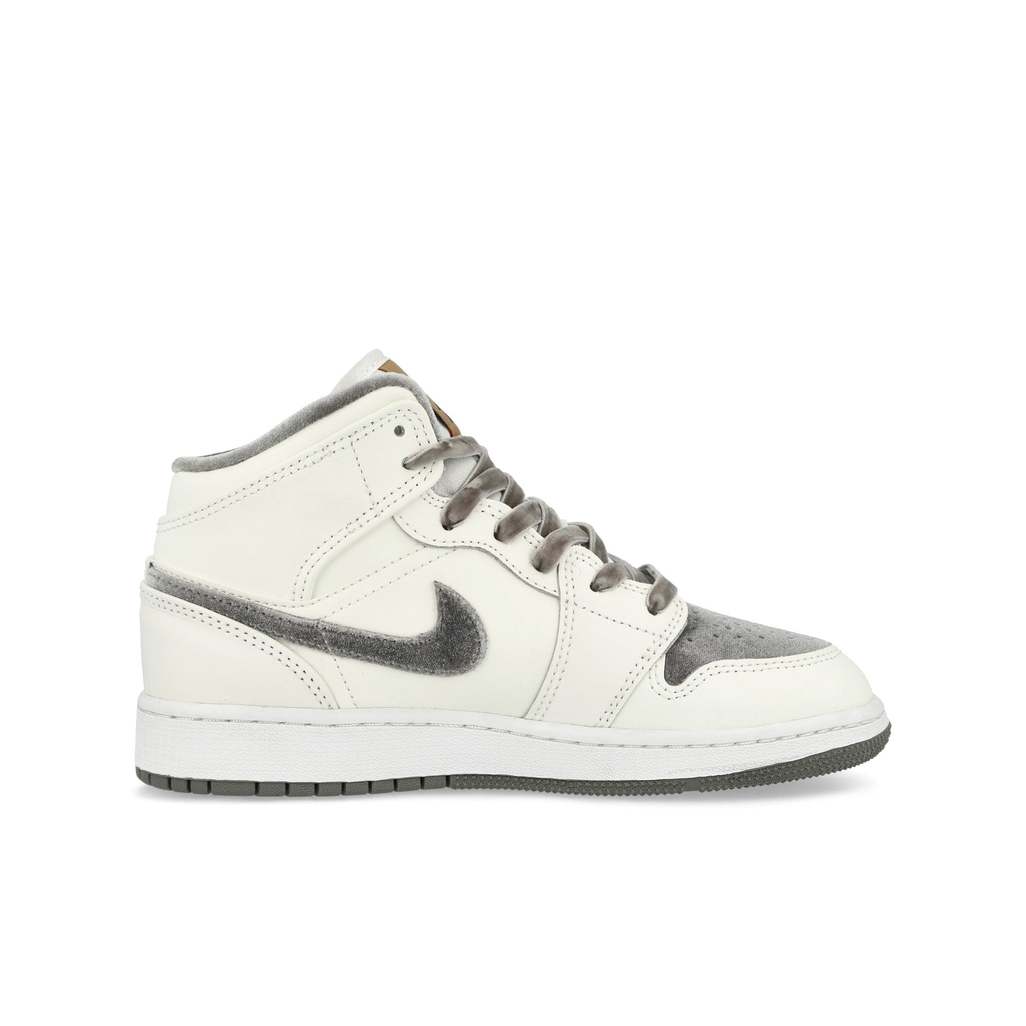 Jordan Air Jordan 1 Mid SE GS Grey Velvet Toe Sail-Flat Pewter - Metallic Gold Mid Top Sneakers Silhouette | Overkill
