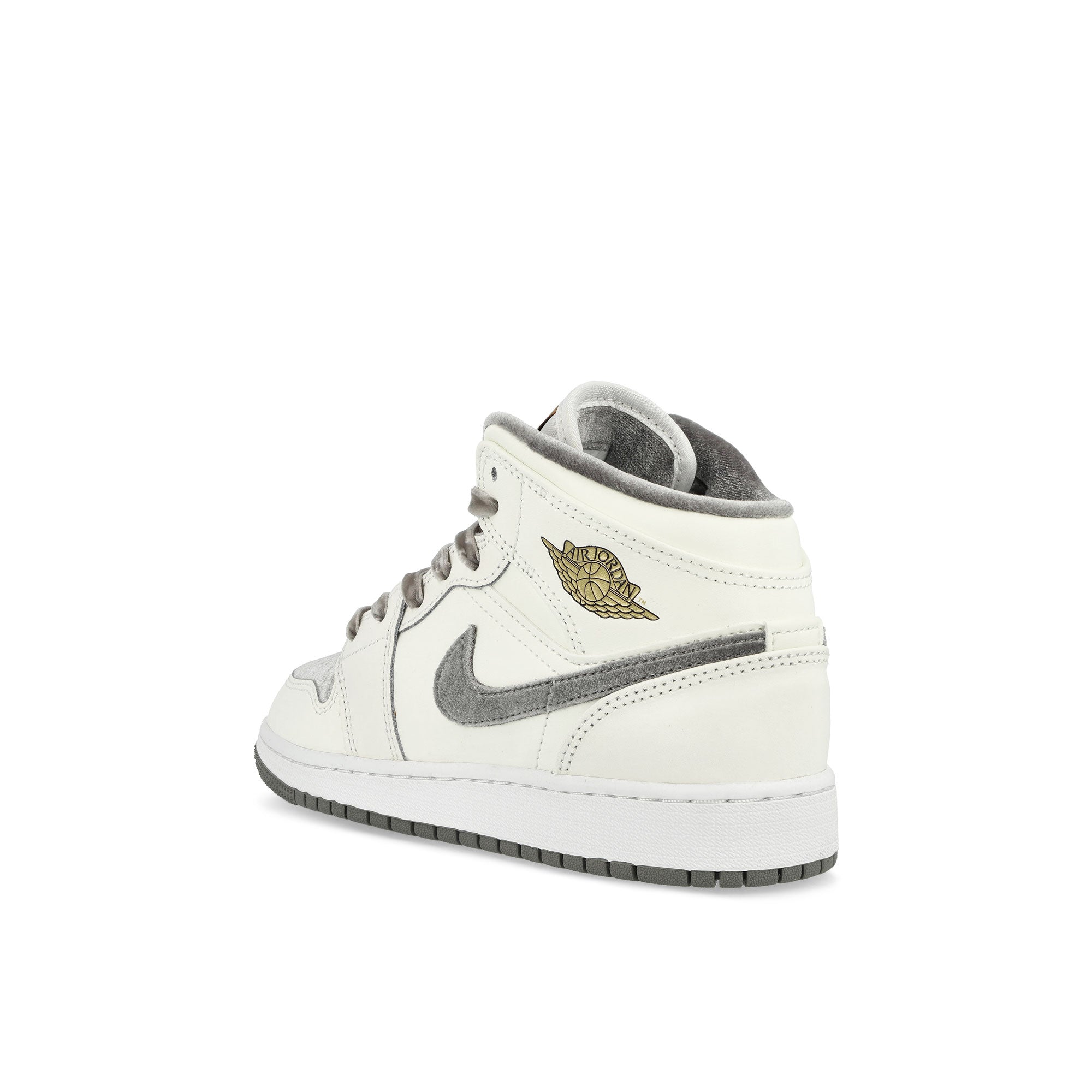 Jordan Air Jordan 1 Mid SE GS Grey Velvet Toe Sail-Flat Pewter - Metallic Gold Mid Top Sneakers Material | Overkill