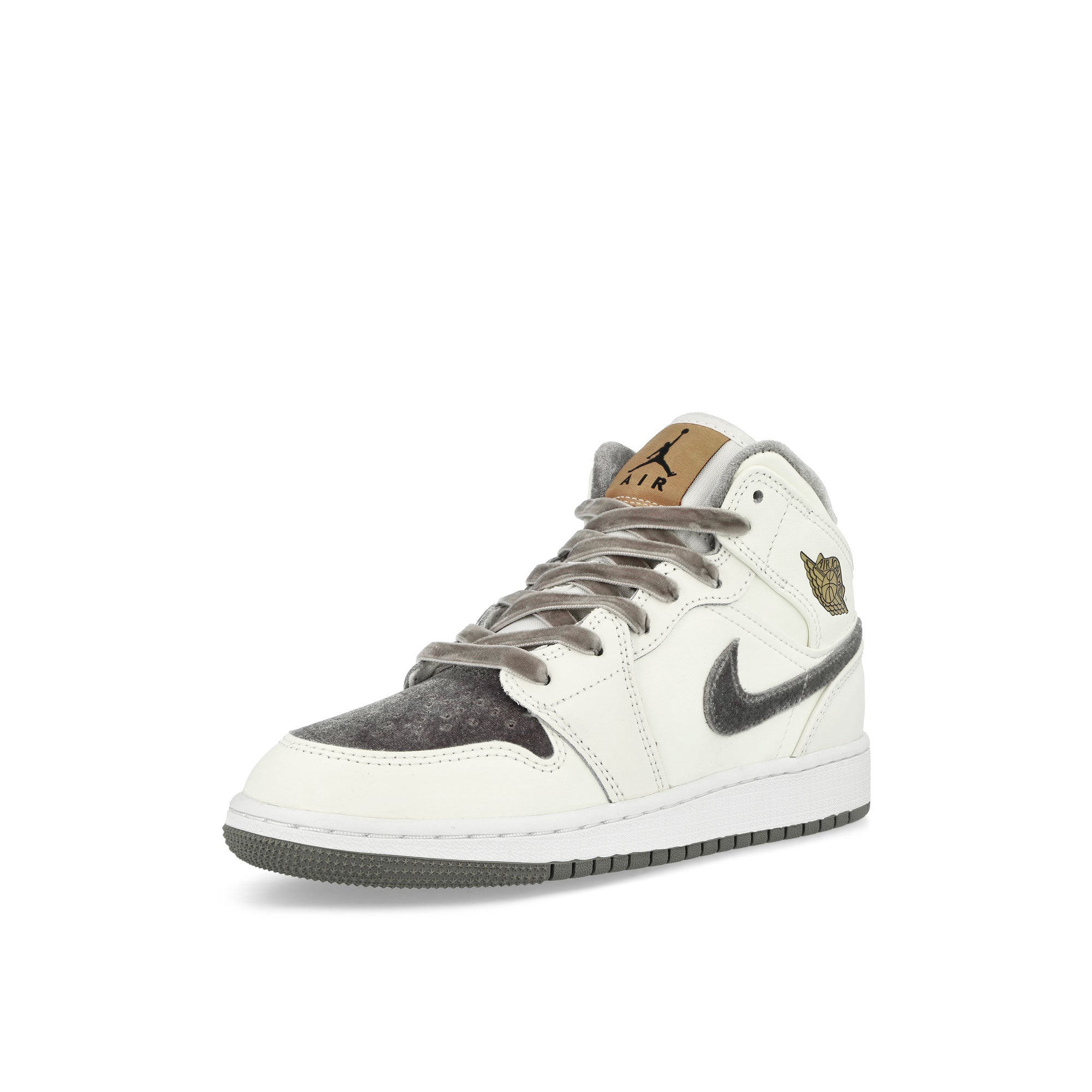 Jordan Air Jordan 1 Mid SE GS Grey Velvet Toe Sail-Flat Pewter - Metallic Gold Mid Top Sneakers Close Up | Overkill