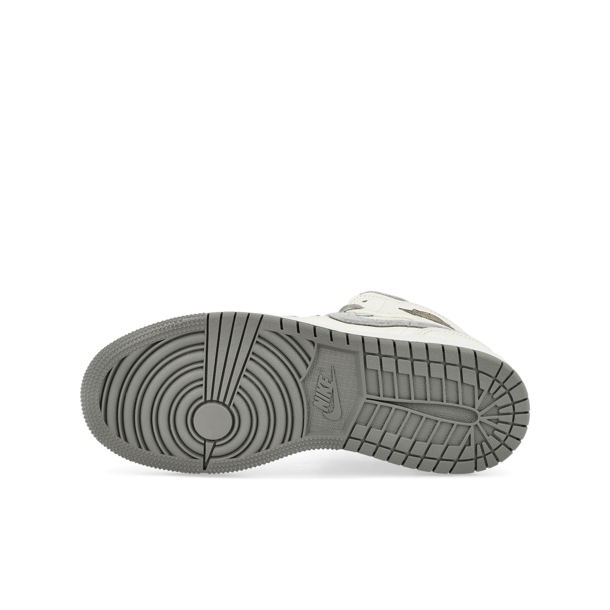 Jordan Air Jordan 1 Mid SE GS Grey Velvet Toe Sail-Flat Pewter - Metallic Gold Mid Top Sneakers Detail View 1 | Overkill