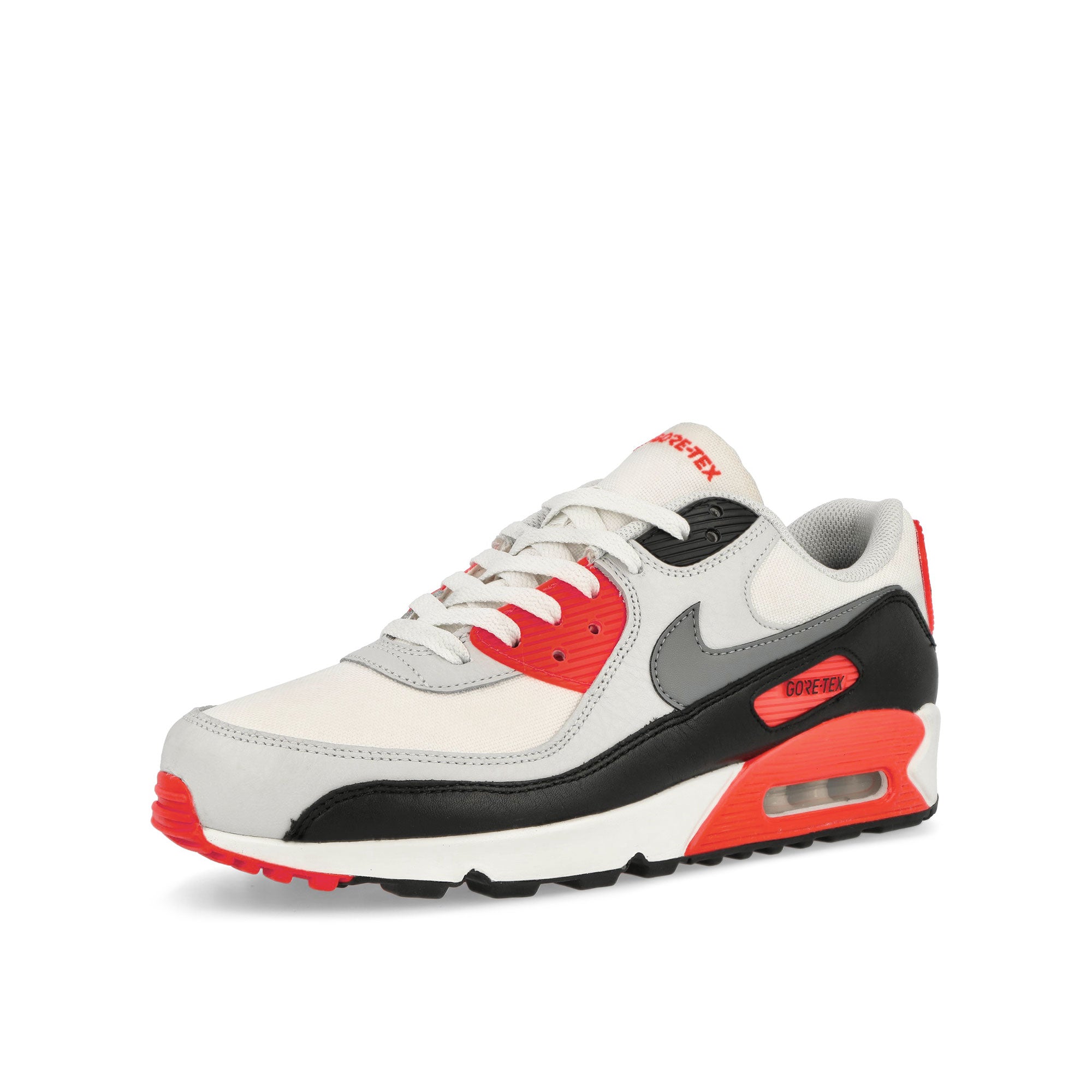 Nike Air Max 90 GTX Summit White / Cool Grey - Bright Crimson Low Top Sneakers Close Up | Overkill