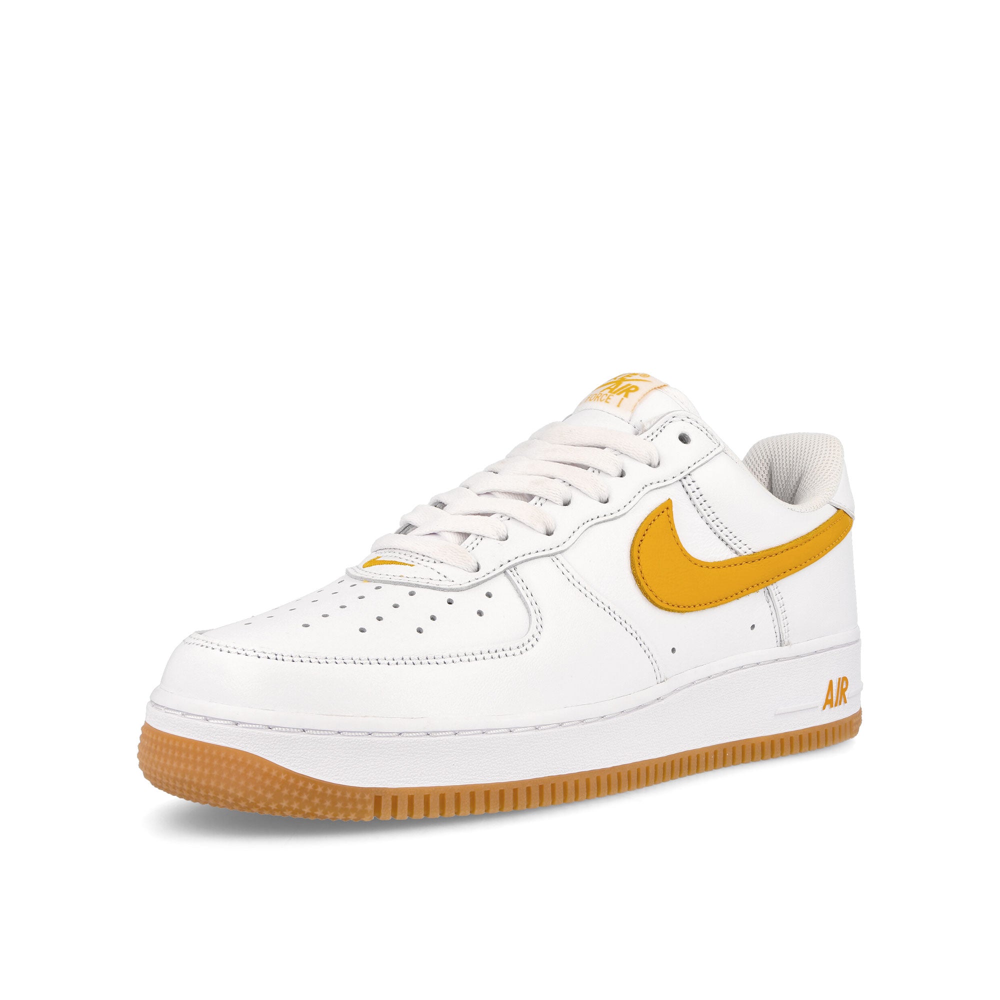 Nike Air Force 1 Low Retro QS White-University Gold - Gum Yellowo Low Top Sneakers Close Up | Overkill