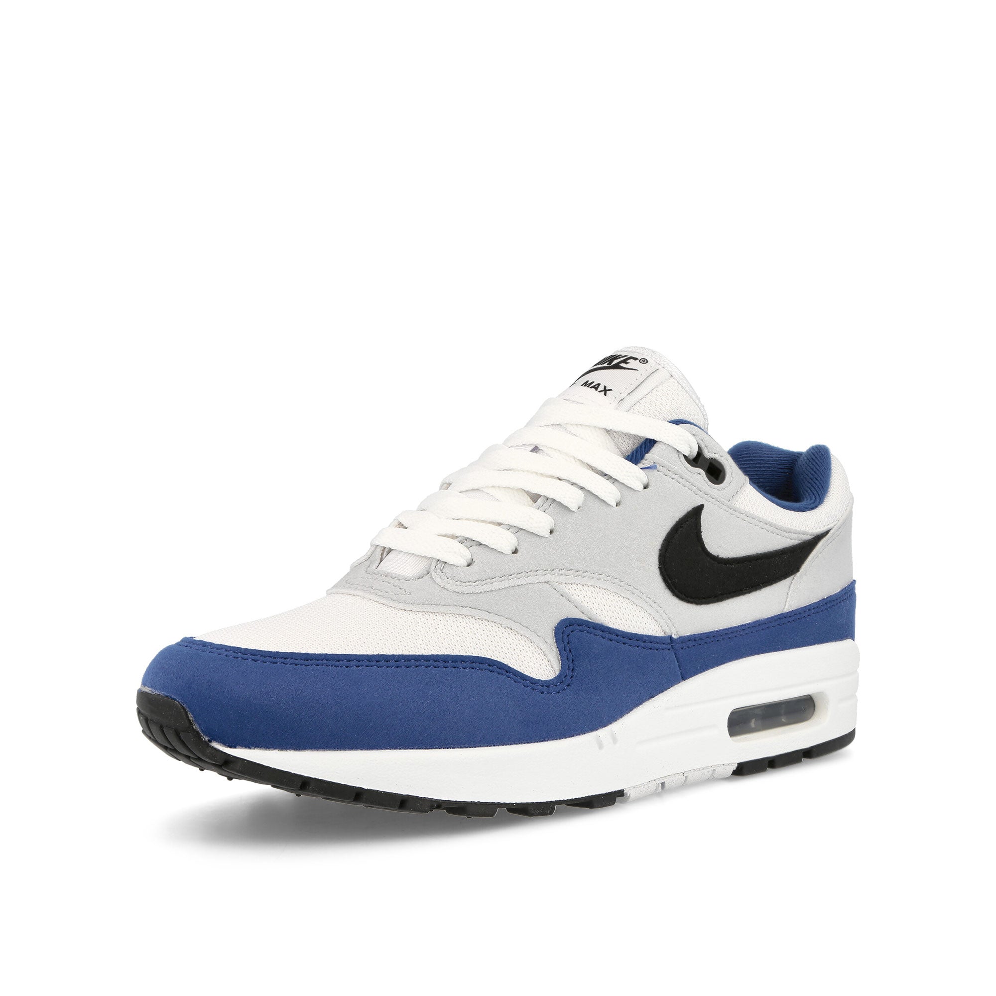 Nike Air Max 1 White / Black - Deep Royal Blue Low Top Sneakers Close Up | Overkill