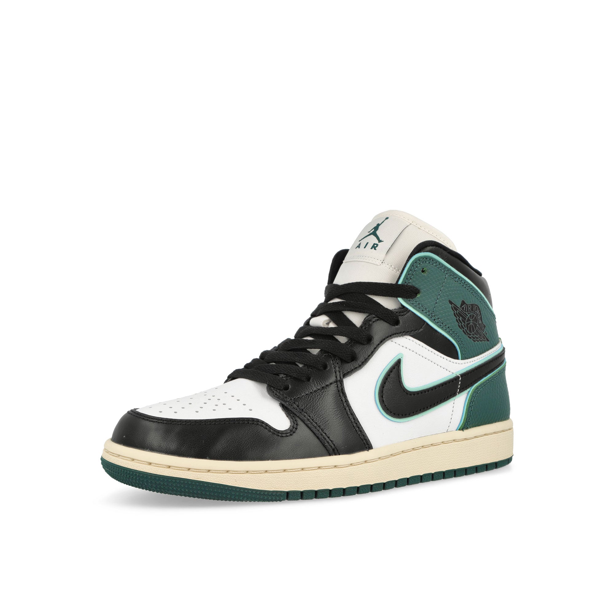 Jordan Wmns Air Jordan 1 Mid SE White / Black - Light Dew - Oxidized Green Mid Top Sneakers Close Up | Overkill
