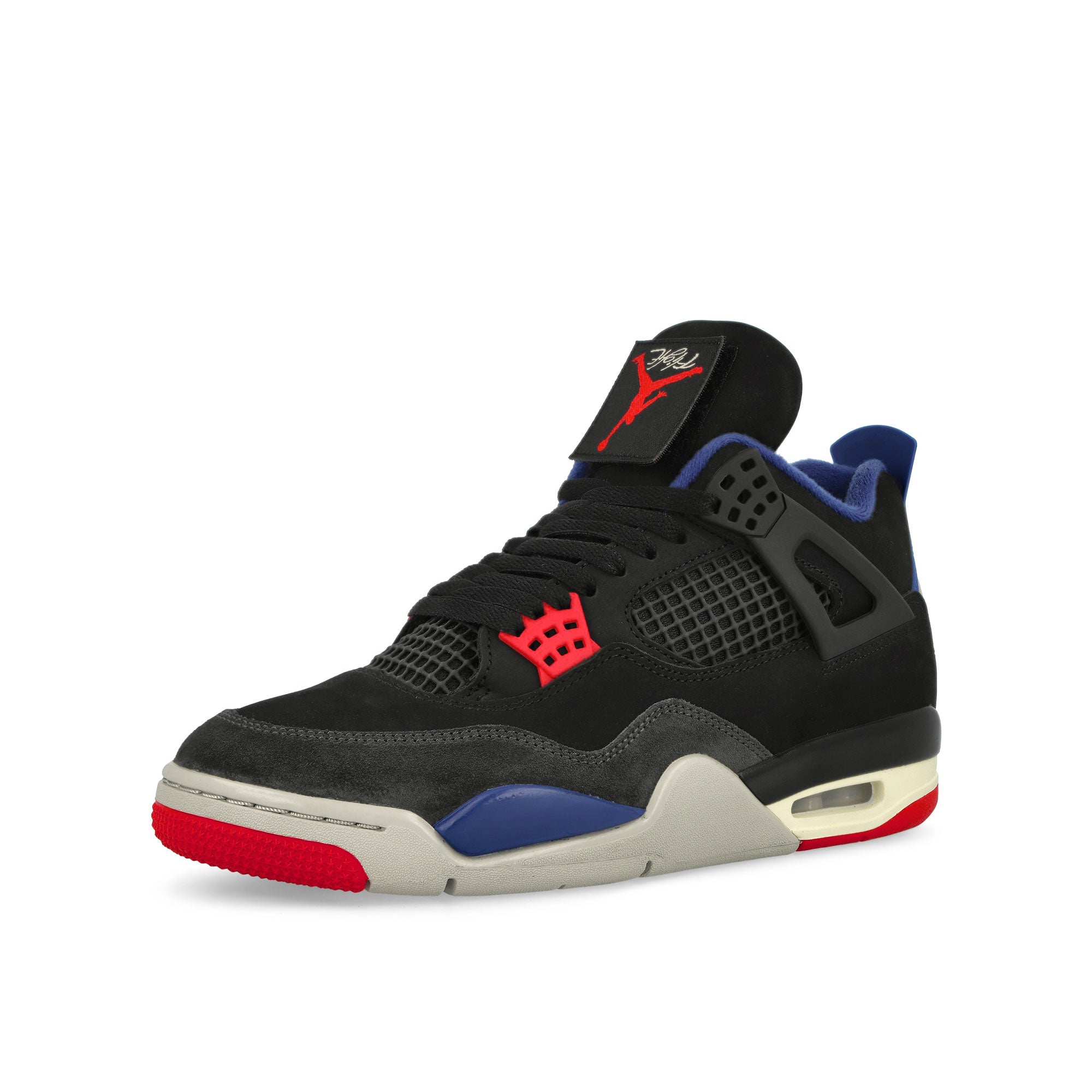 Air Jordan 4 Retro Rare Air Black / Fire Red - Deep Royal Blue High Top Sneaker FV5029 003 Close-up | Overkill